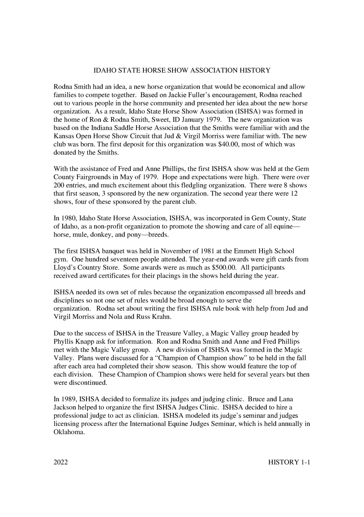 IDAHO STATE HORSE SHOW ASSOCIATION HISTORY