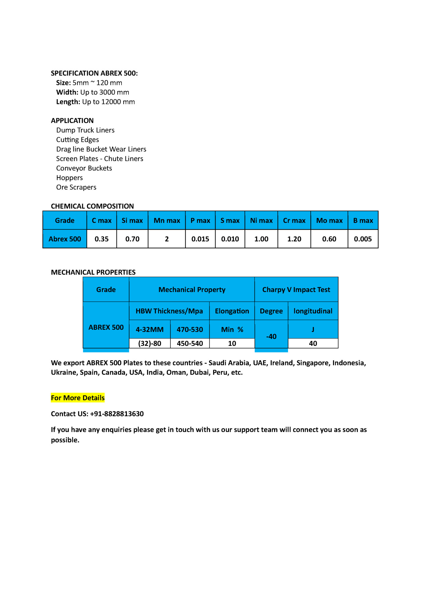 SPECIFICATION ABREX 500: