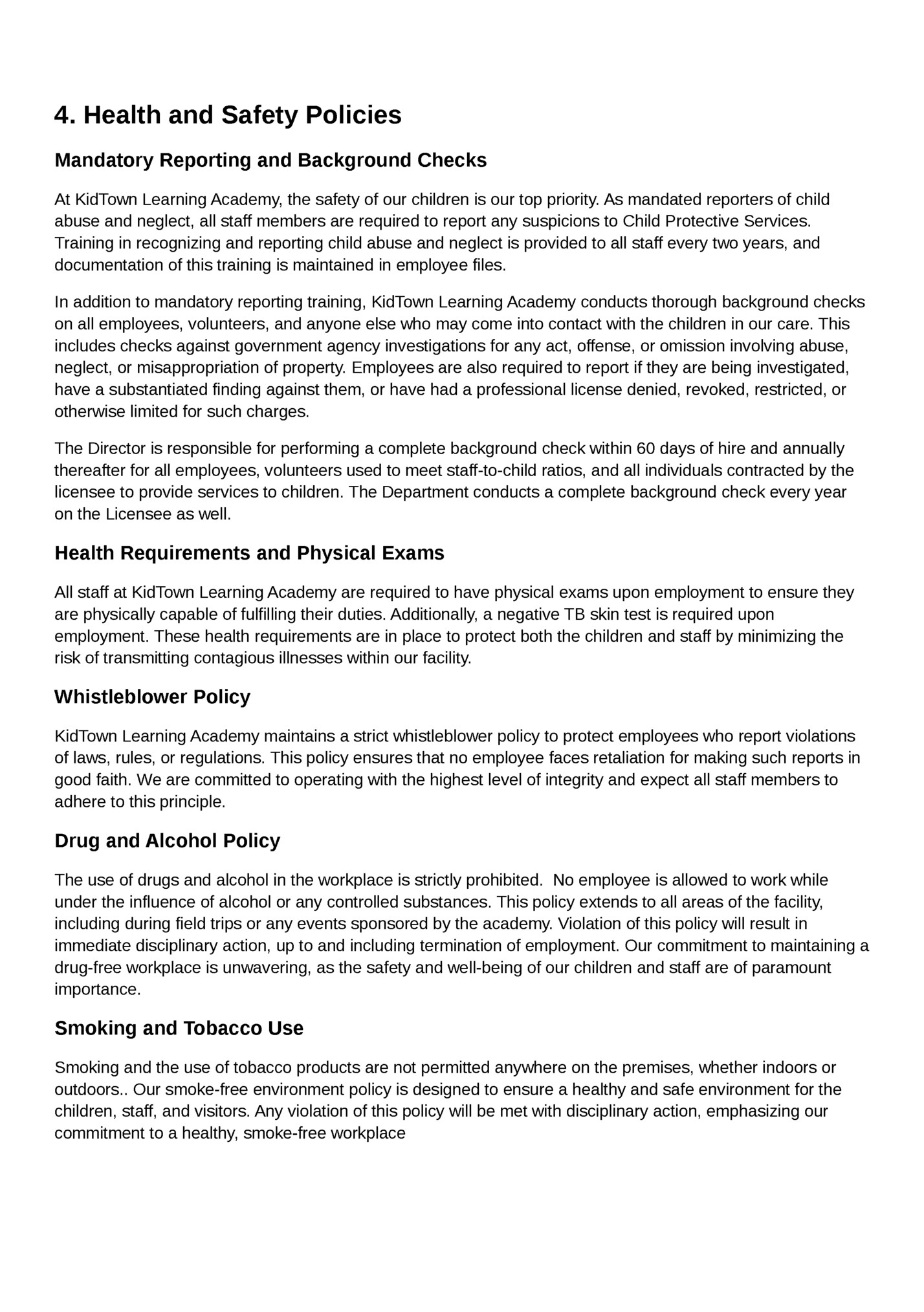 4. Health and Safety Policies