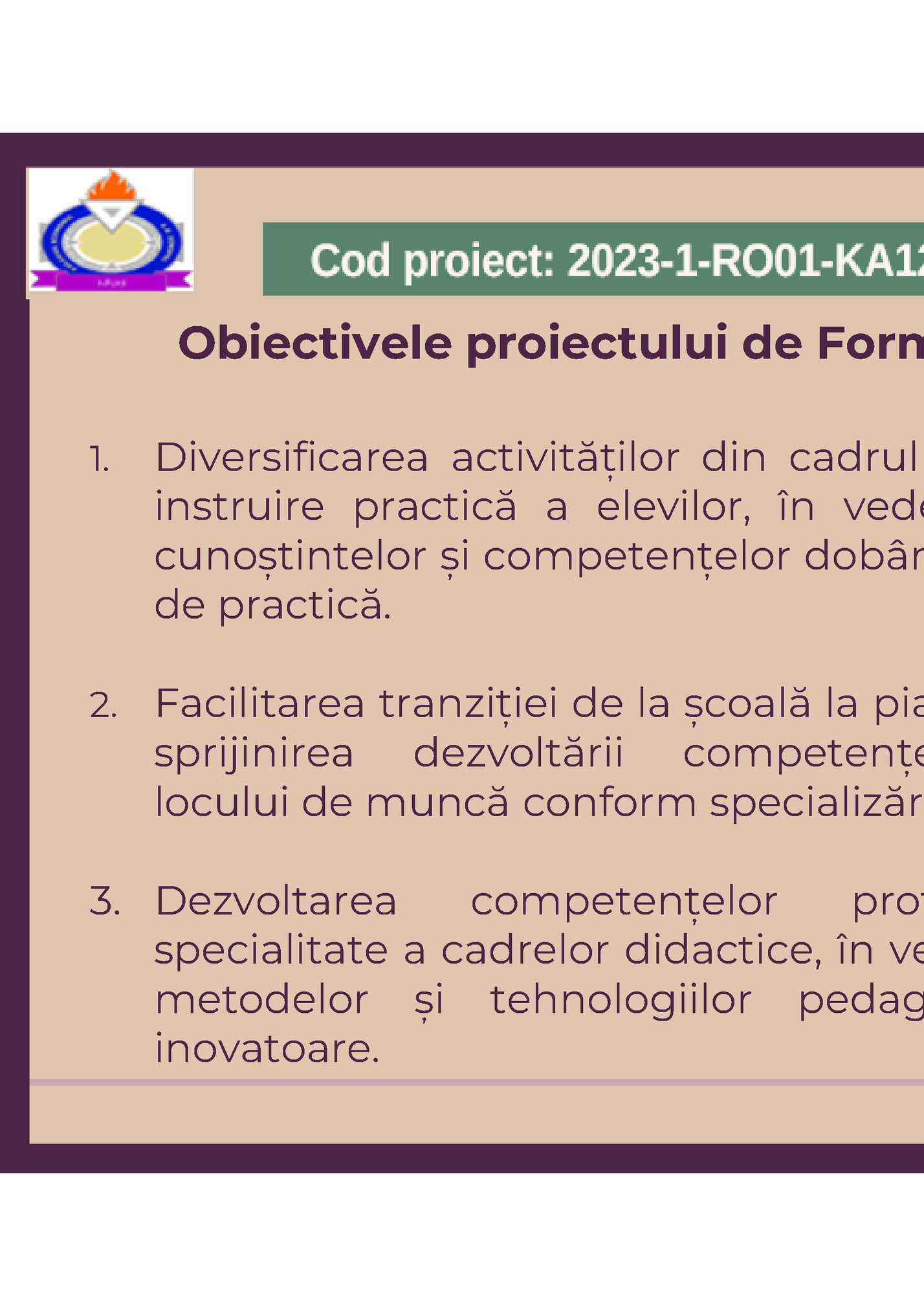 Obiectivele proiectului de Formare profesională