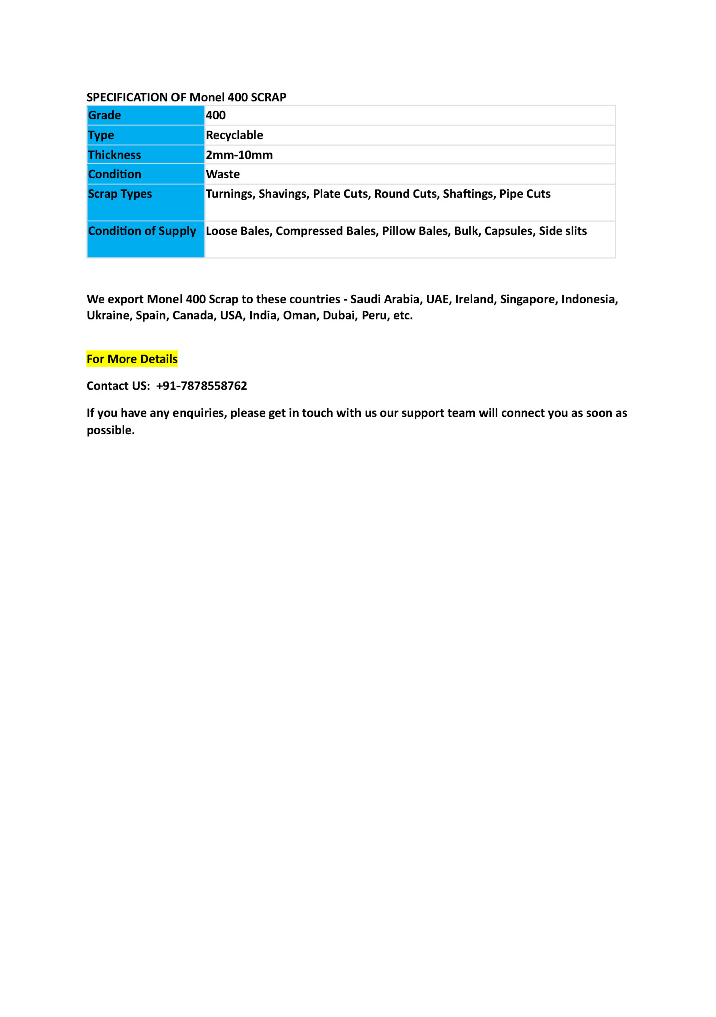 SPECIFICATION OF Monel 400 SCRAP