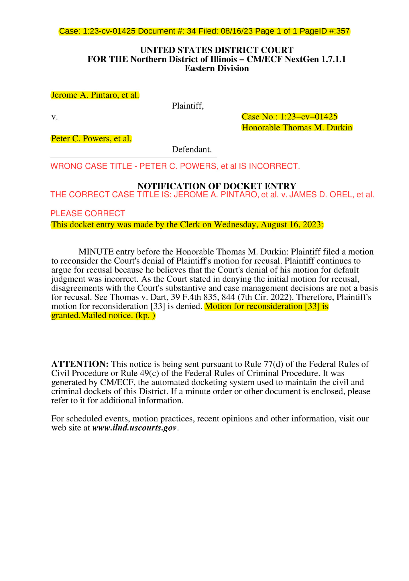 Case: 1:23-cv-01425 Document #: 34 Filed: 08/16/23 Page 1 of 1 PageID #:357