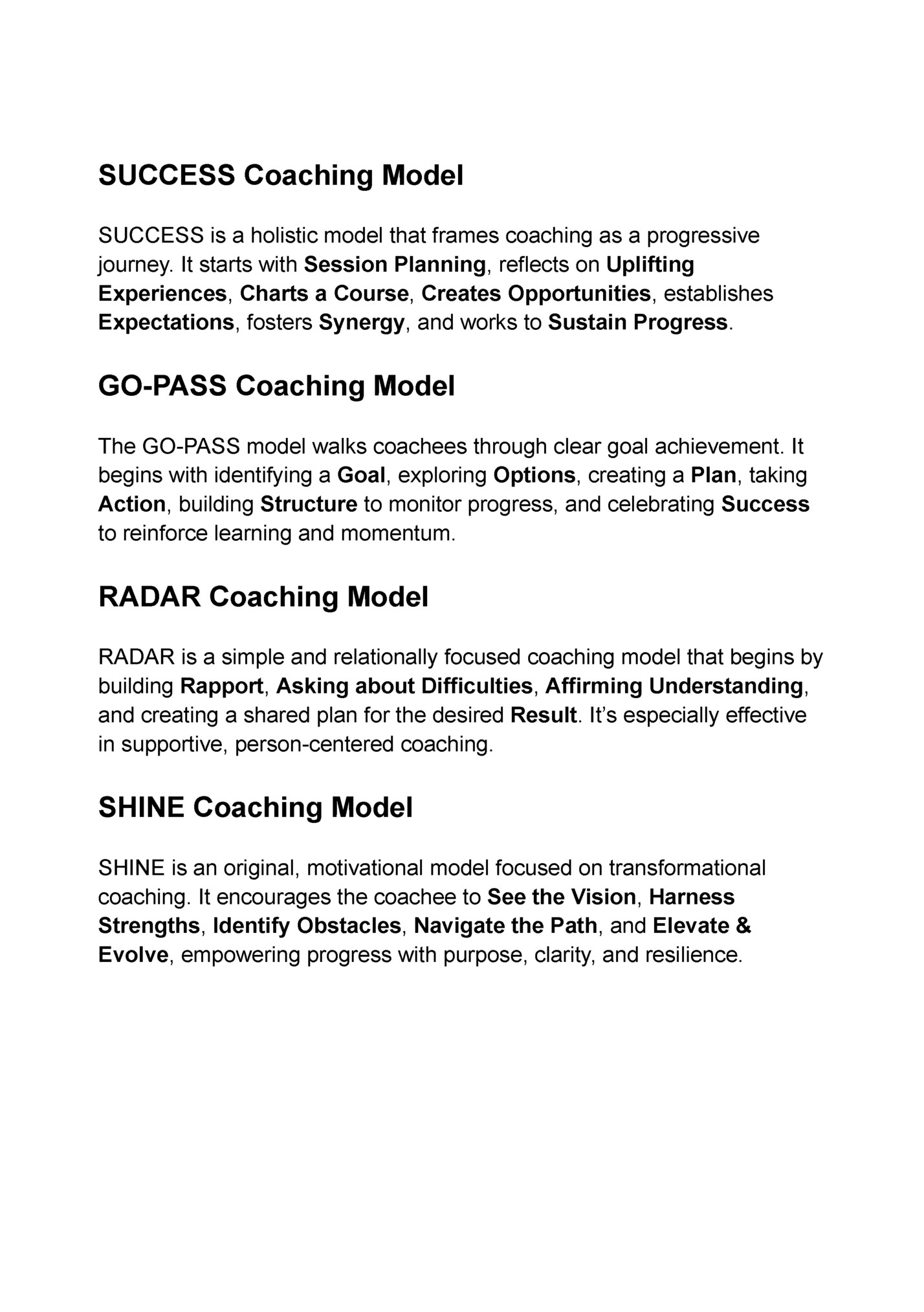 SUCCESS Coaching Model SUCCESS Coaching Model