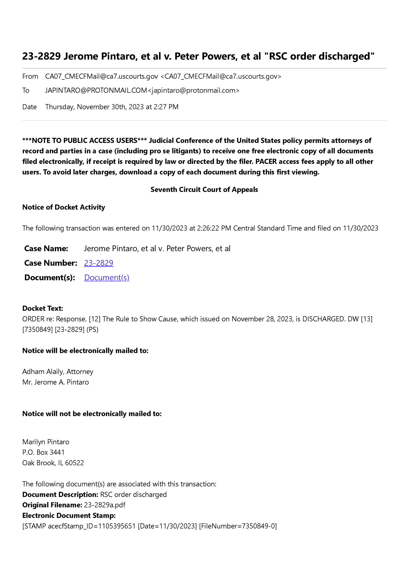 23-2829 Jerome Pintaro, et al v. Peter Powers, et al RSC order discharged