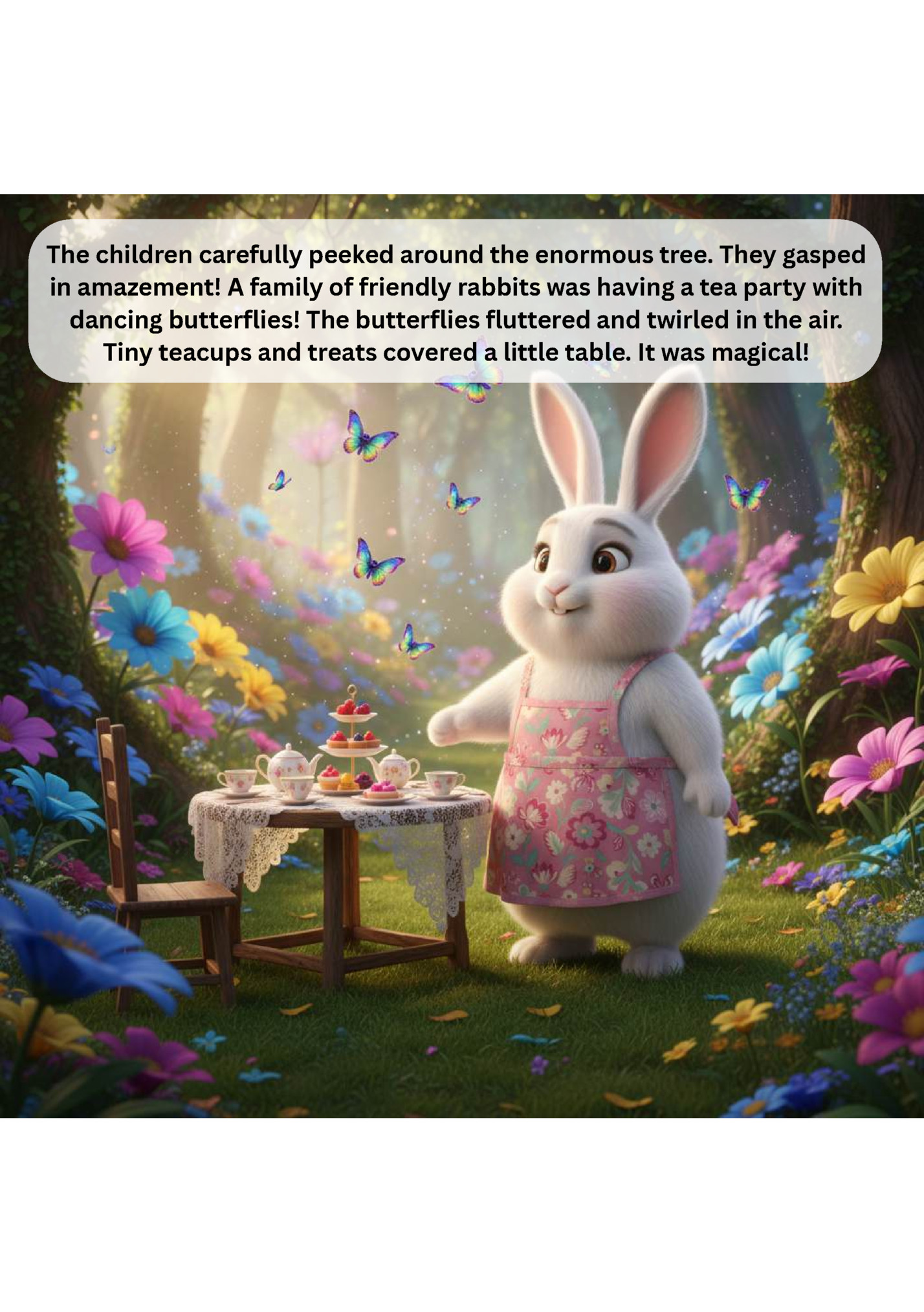 The children carefully peeked around the enormous tree. They gasped