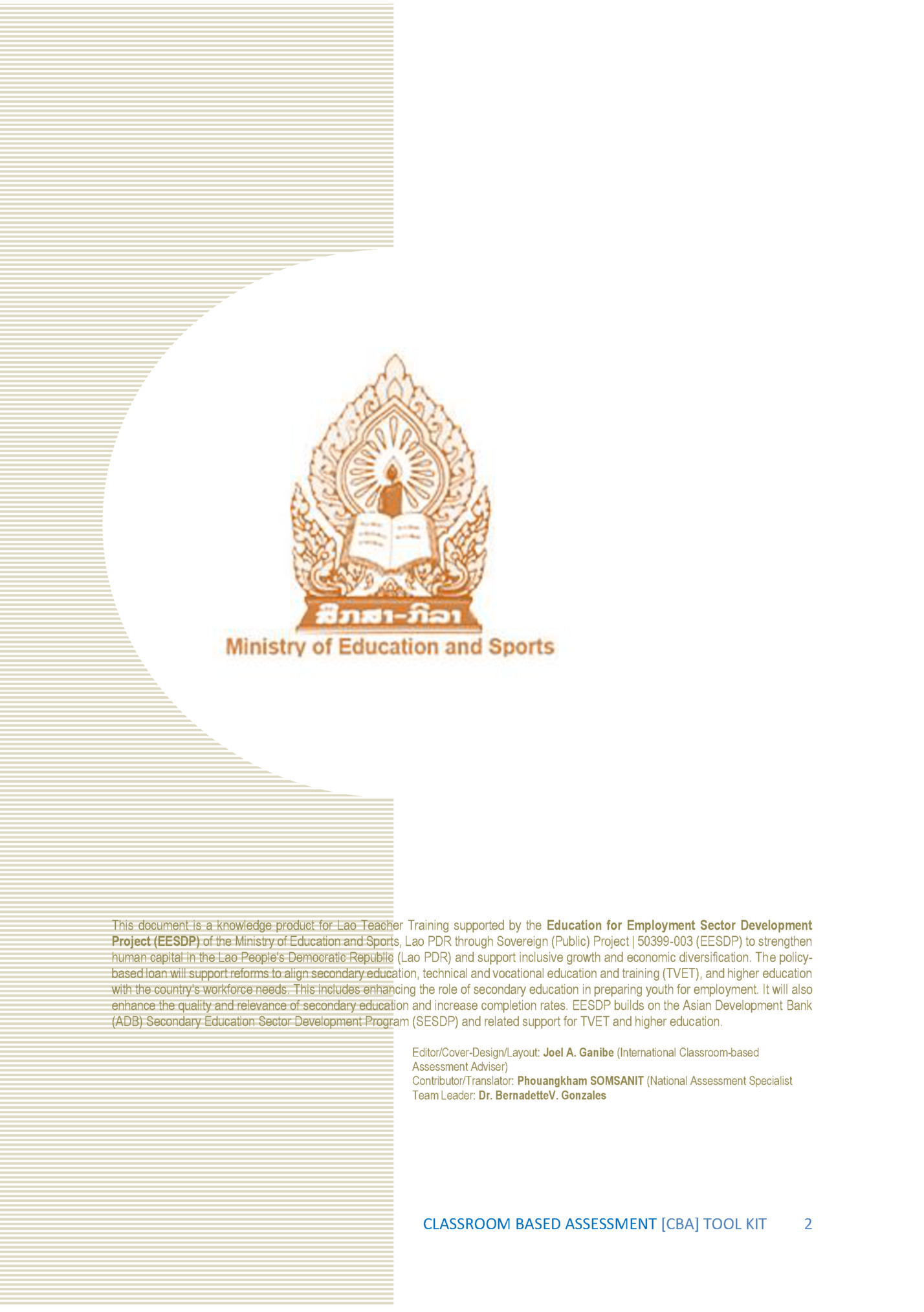 This document is a knowledge product for Lao Teacher Training supported by the Education for Employment Sector Development