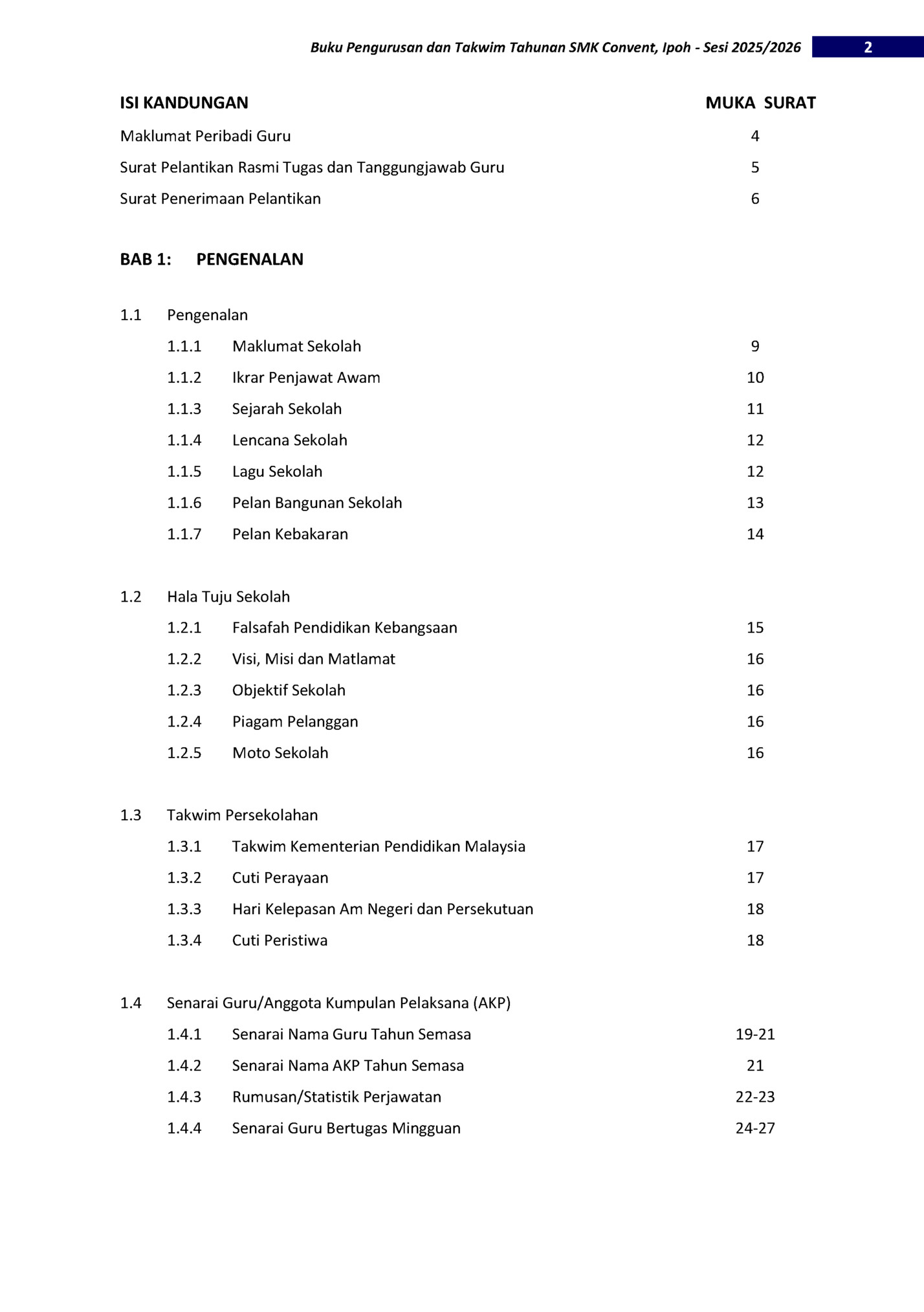 Buku Pengurusan dan Takwim Tahunan SMK Convent, Ipoh - Sesi 2025/2026