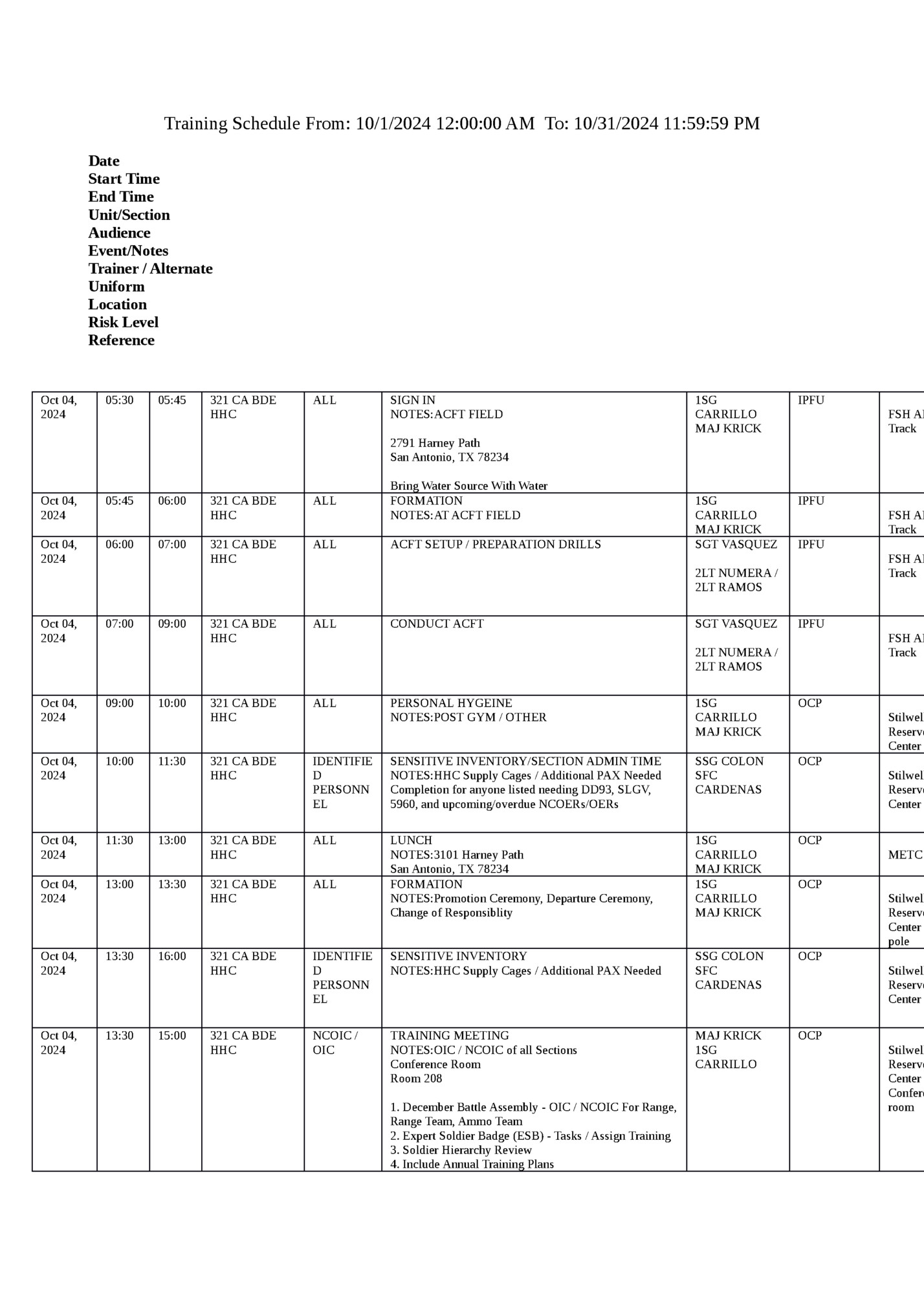 Training Schedule From: 10/1/2024 12:00:00 AM To: 10/31/2024 11:59:59 PM