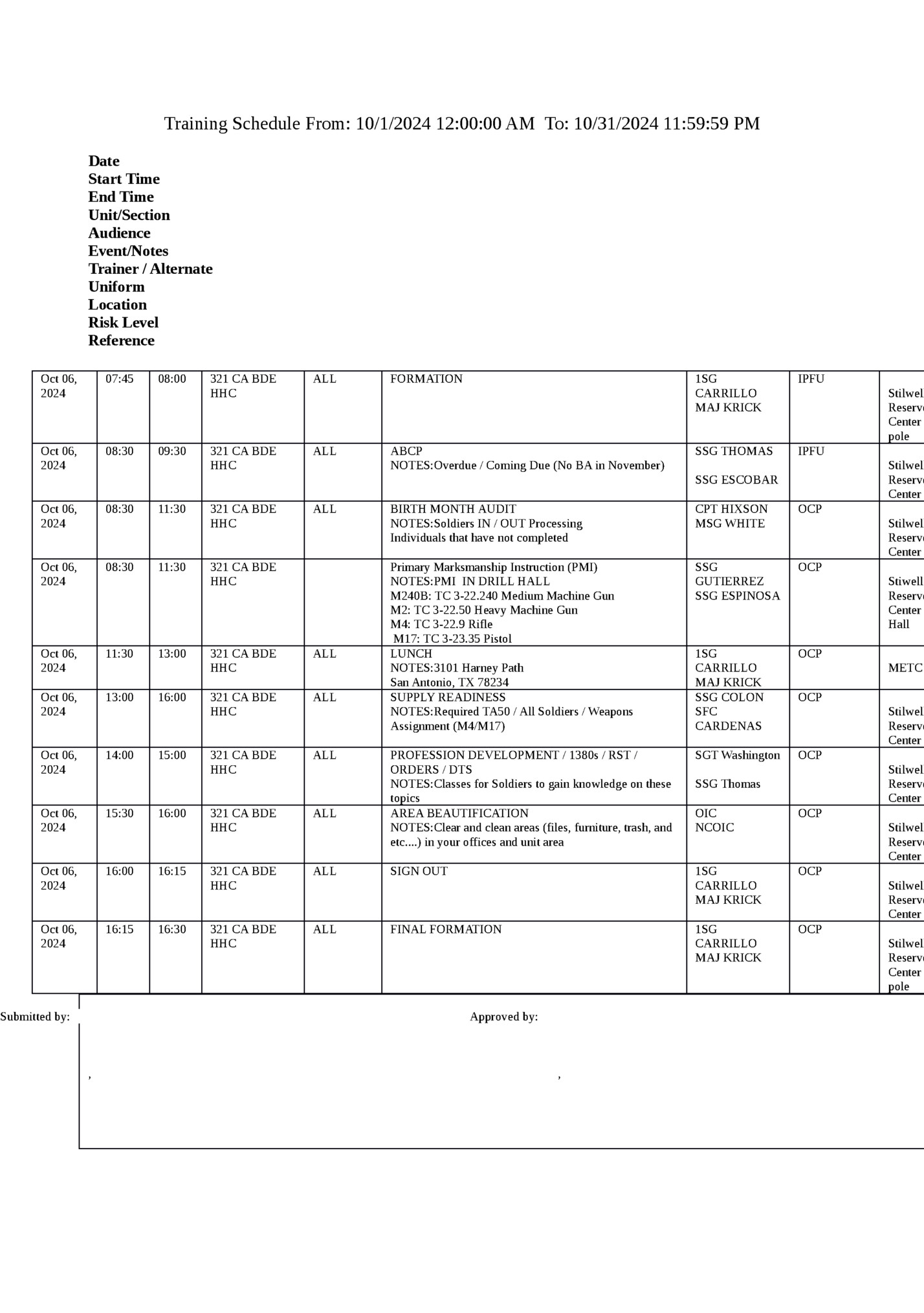 Training Schedule From: 10/1/2024 12:00:00 AM To: 10/31/2024 11:59:59 PM