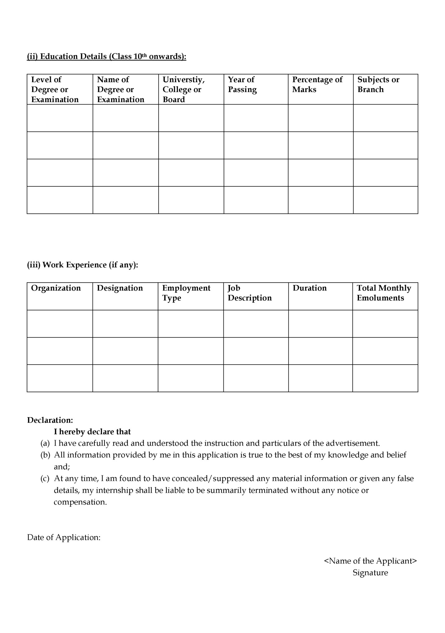 (ii) Education Details (Class 10th onwards):