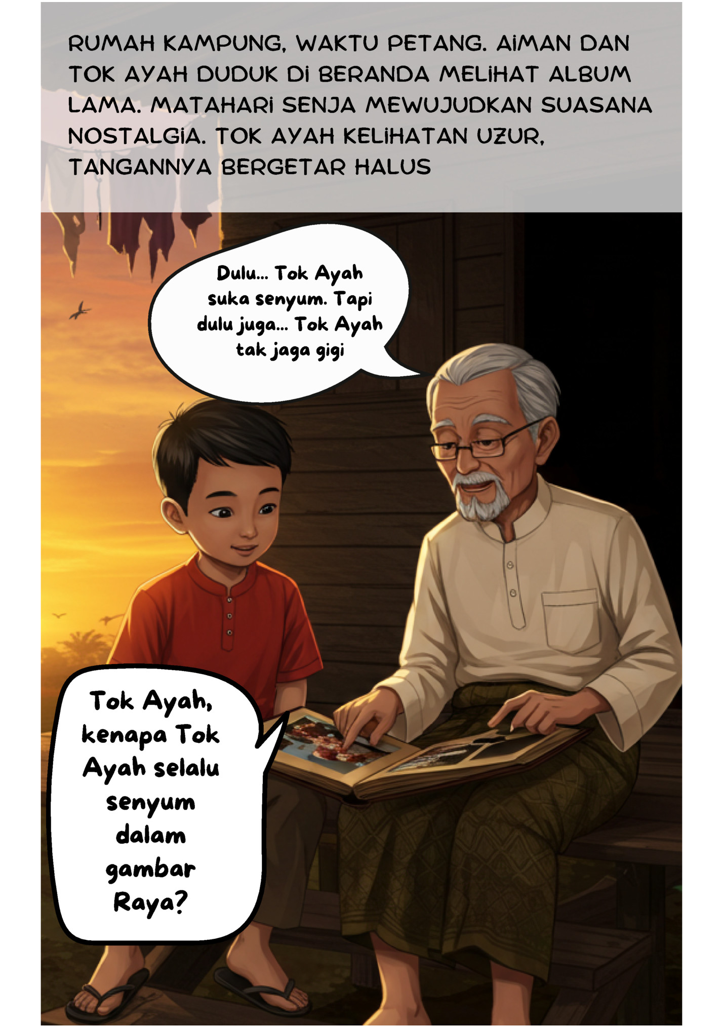 Rumah kampung, waktu petang. Aiman dan