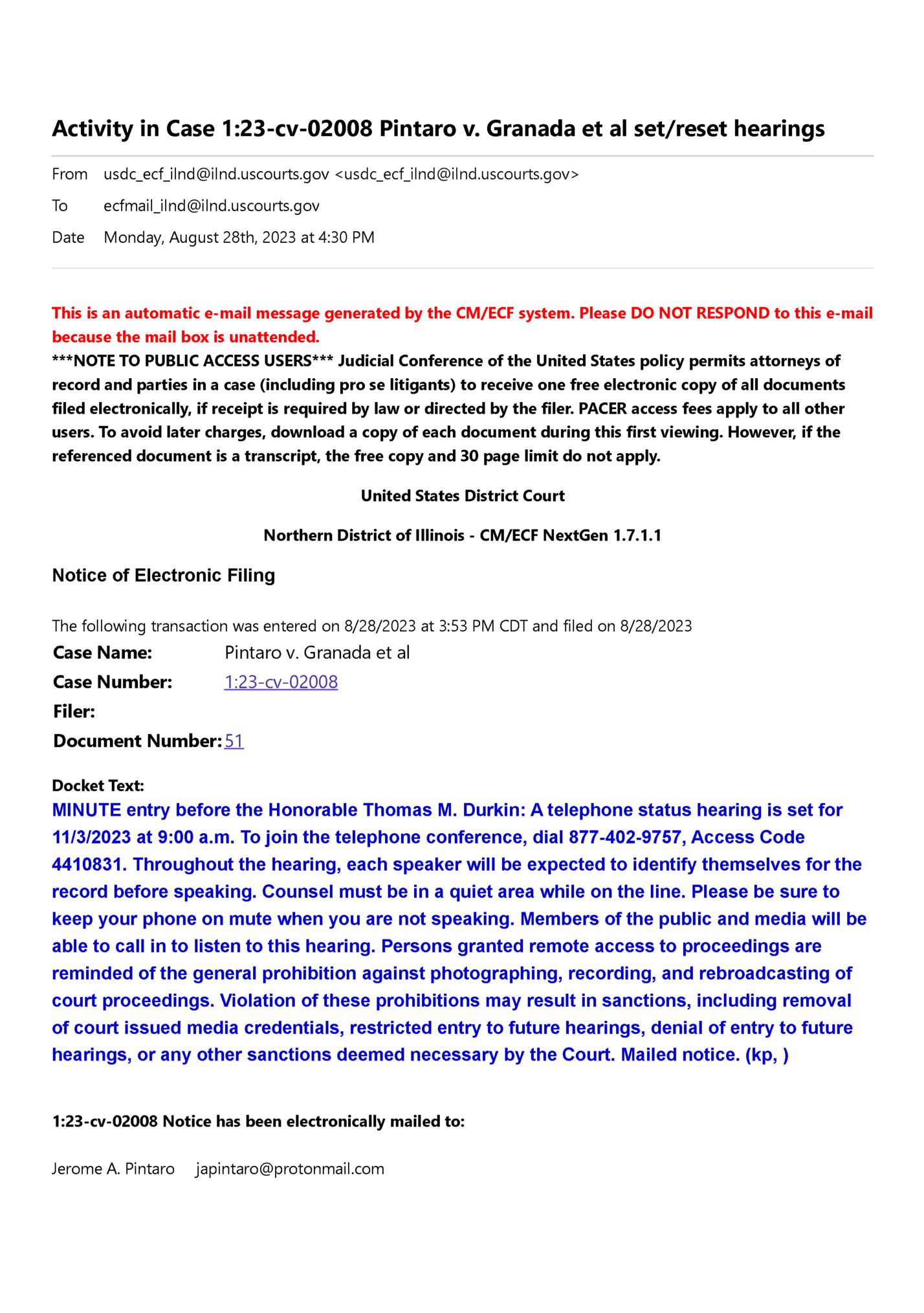 Activity in Case 1:23-cv-02008 Pintaro v. Granada et al set/reset hearings Activity in Case 1:23-cv-02008 Pintaro v. Granada et al set/reset hearings