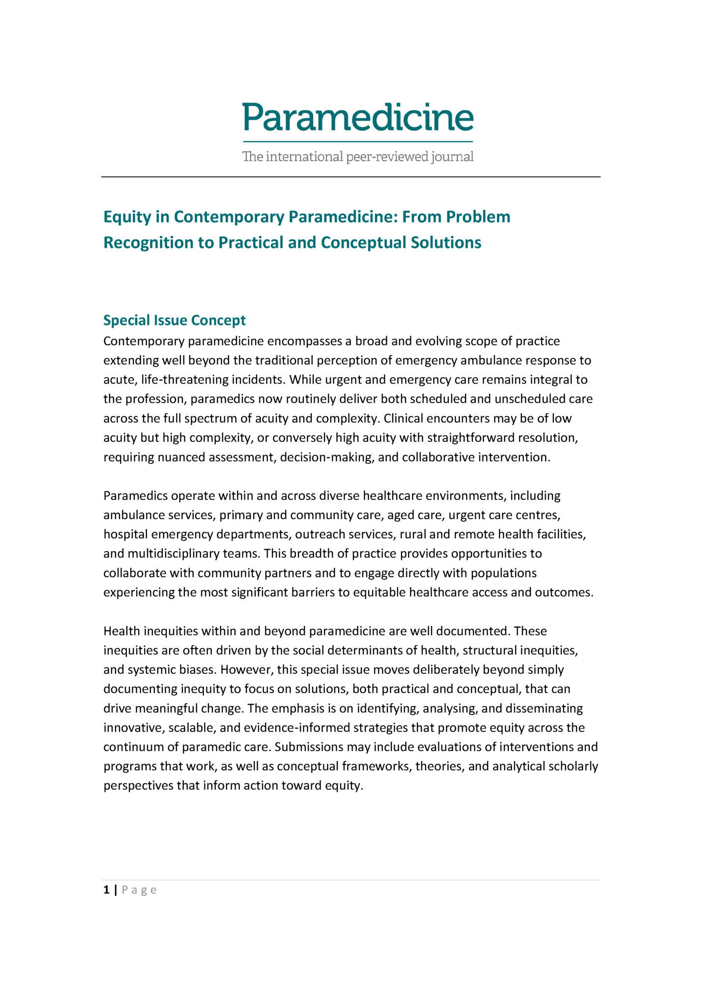 Equity in Contemporary Paramedicine: From Problem Equity in Contemporary Paramedicine: From Problem