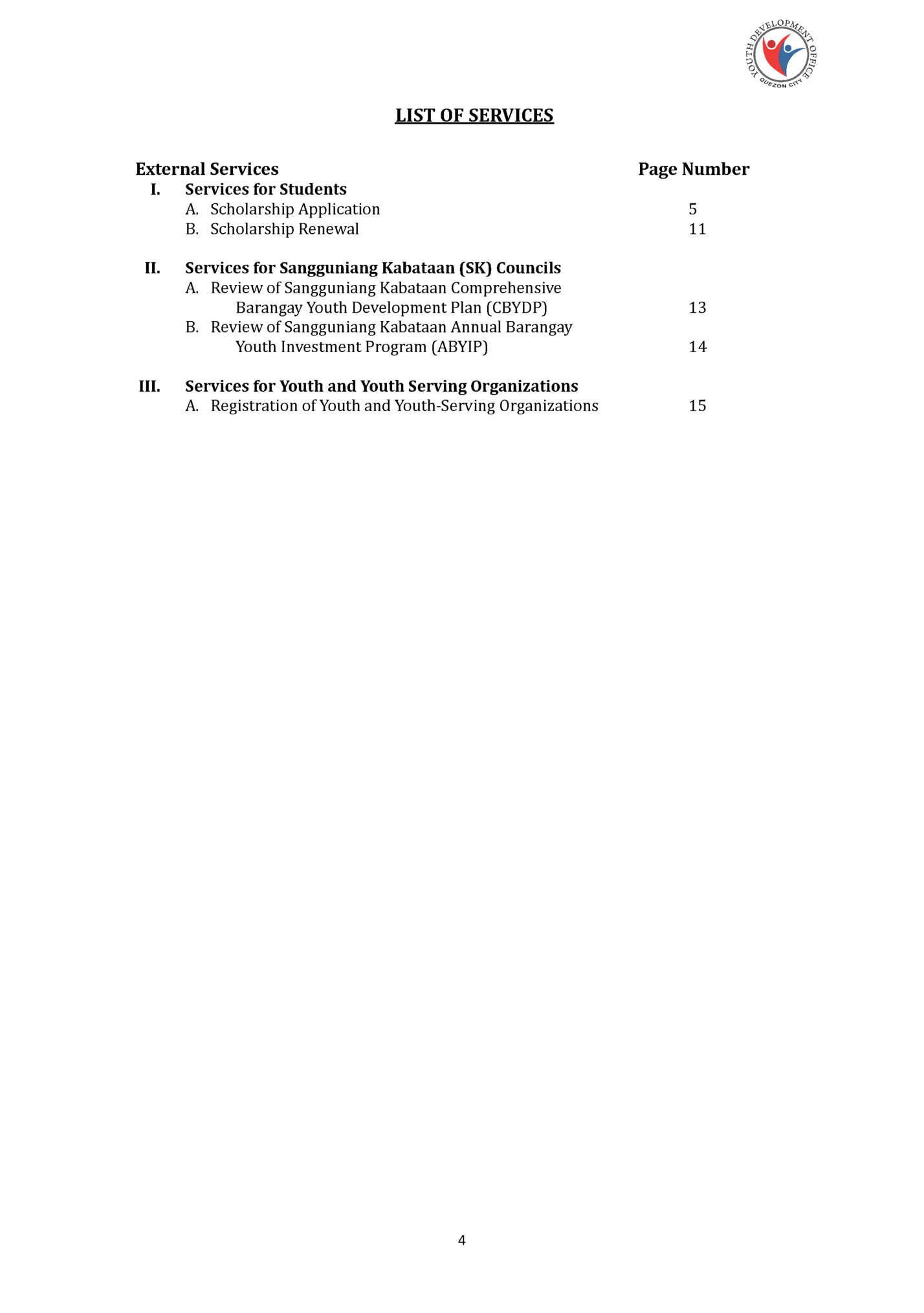 LIST OF SERVICES