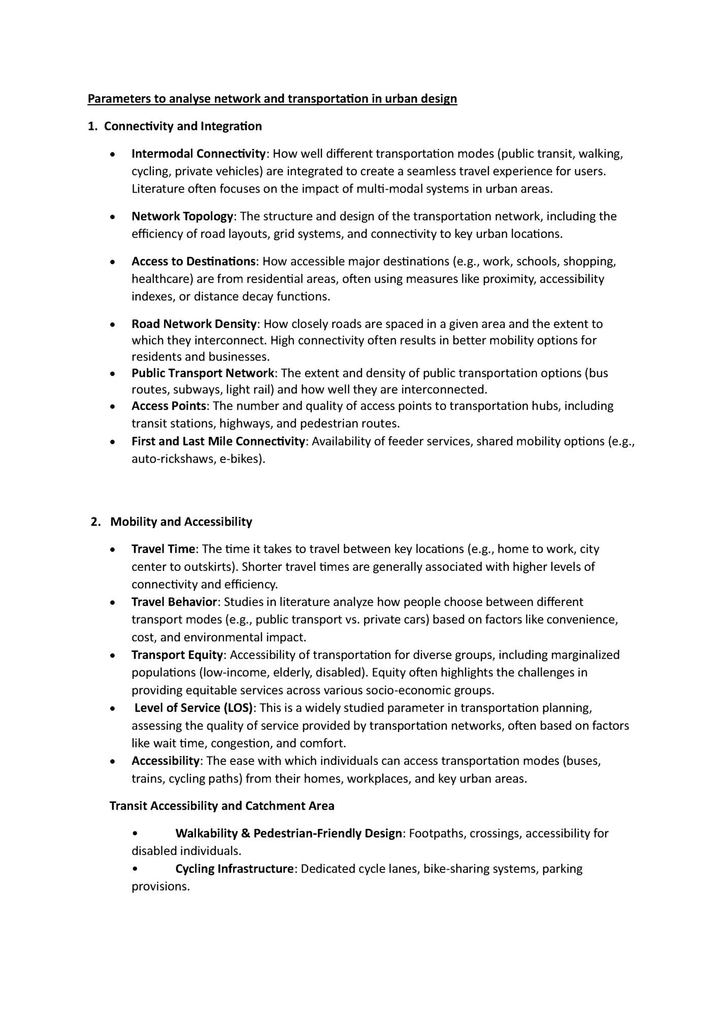 Parameters to analyse network and transportation in urban design