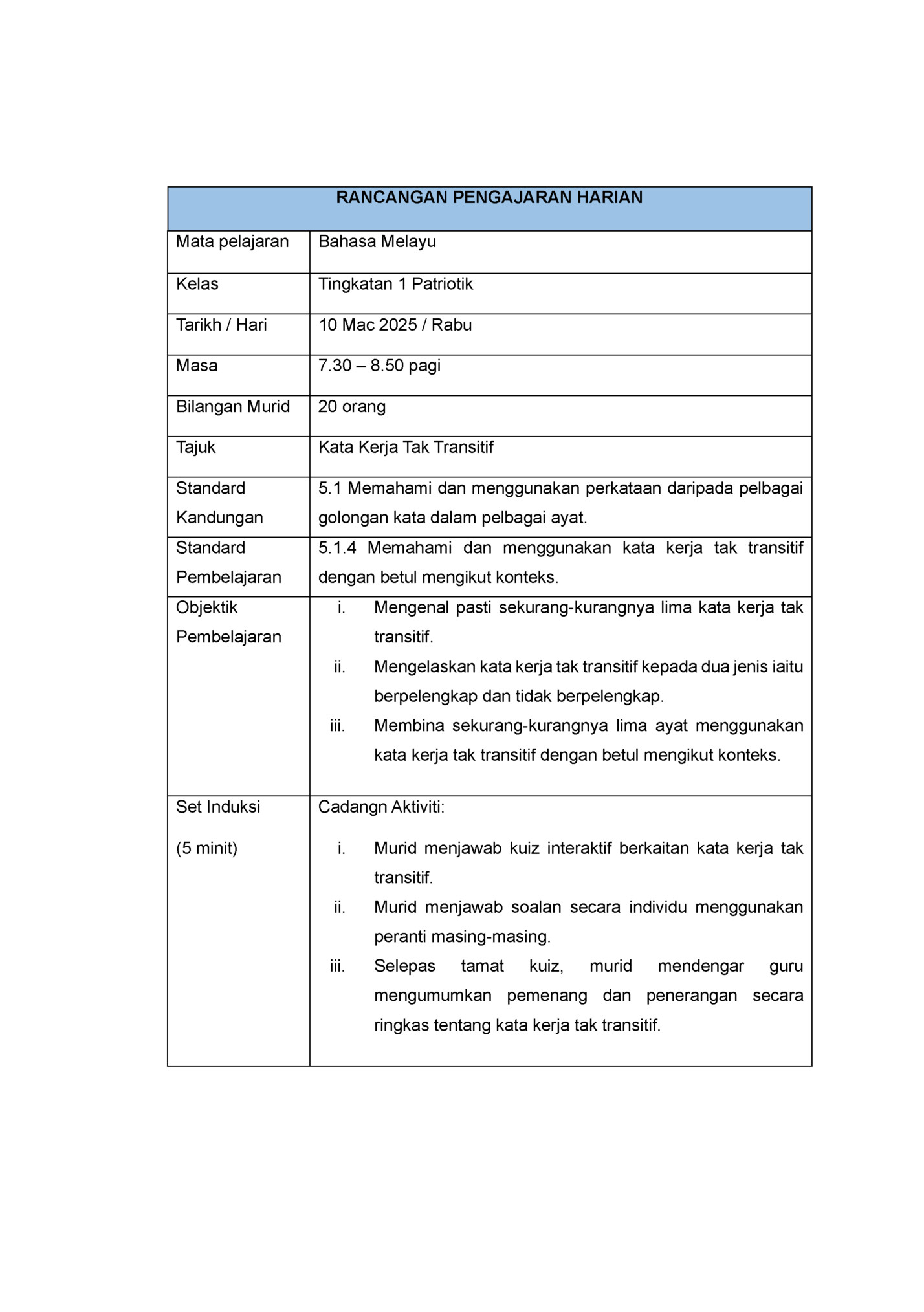 RANCANGAN PENGAJARAN HARIAN