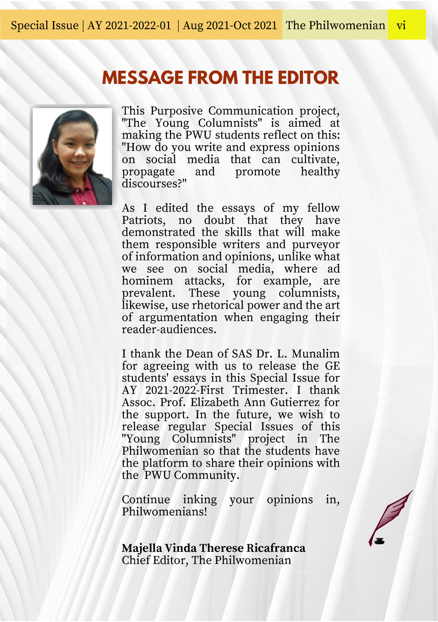 Special Issue | AY 2021-2022-01 | Aug 2021-Oct 2021 The Philwomenian vi