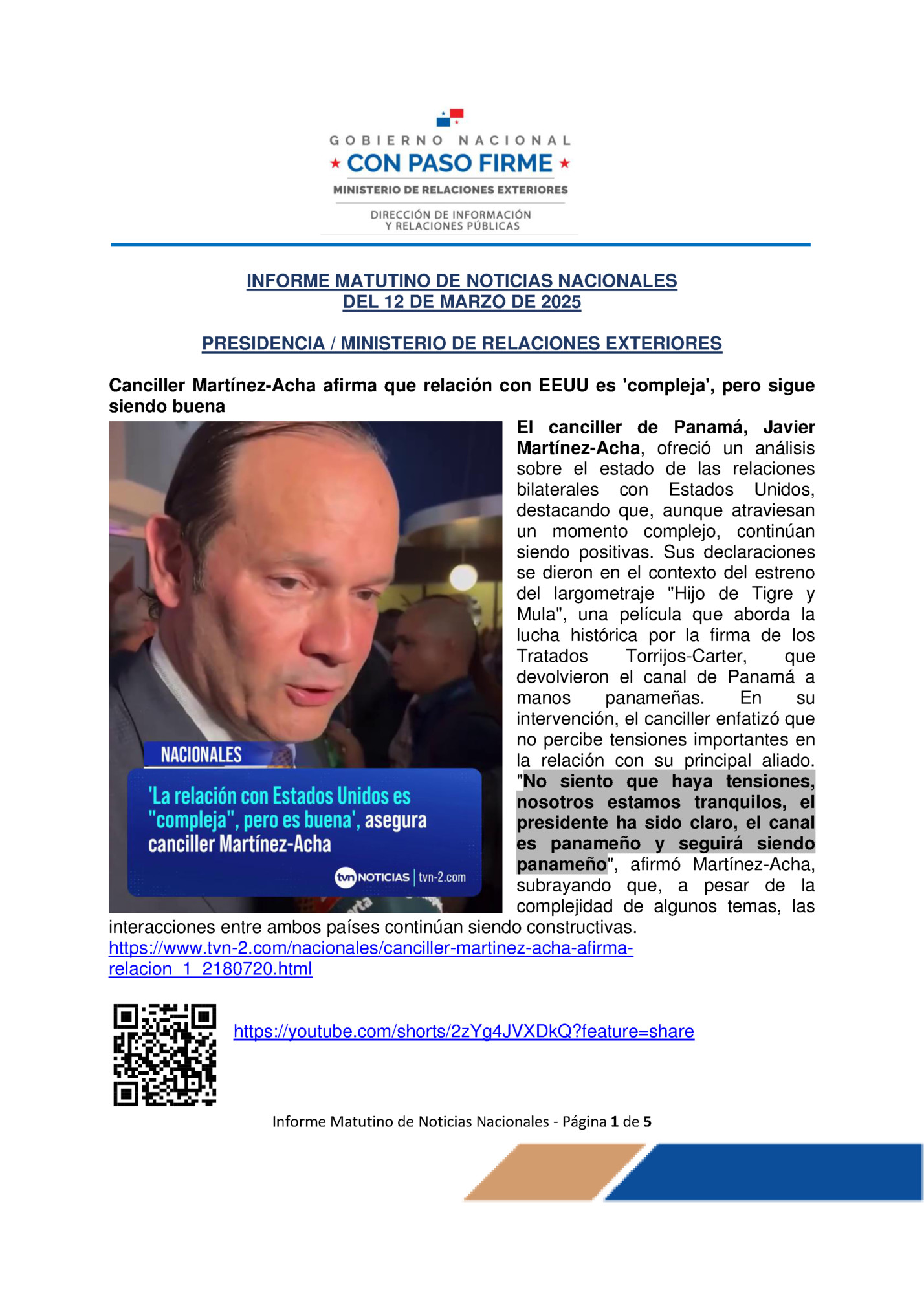 INFORME MATUTINO DE NOTICIAS NACIONALES