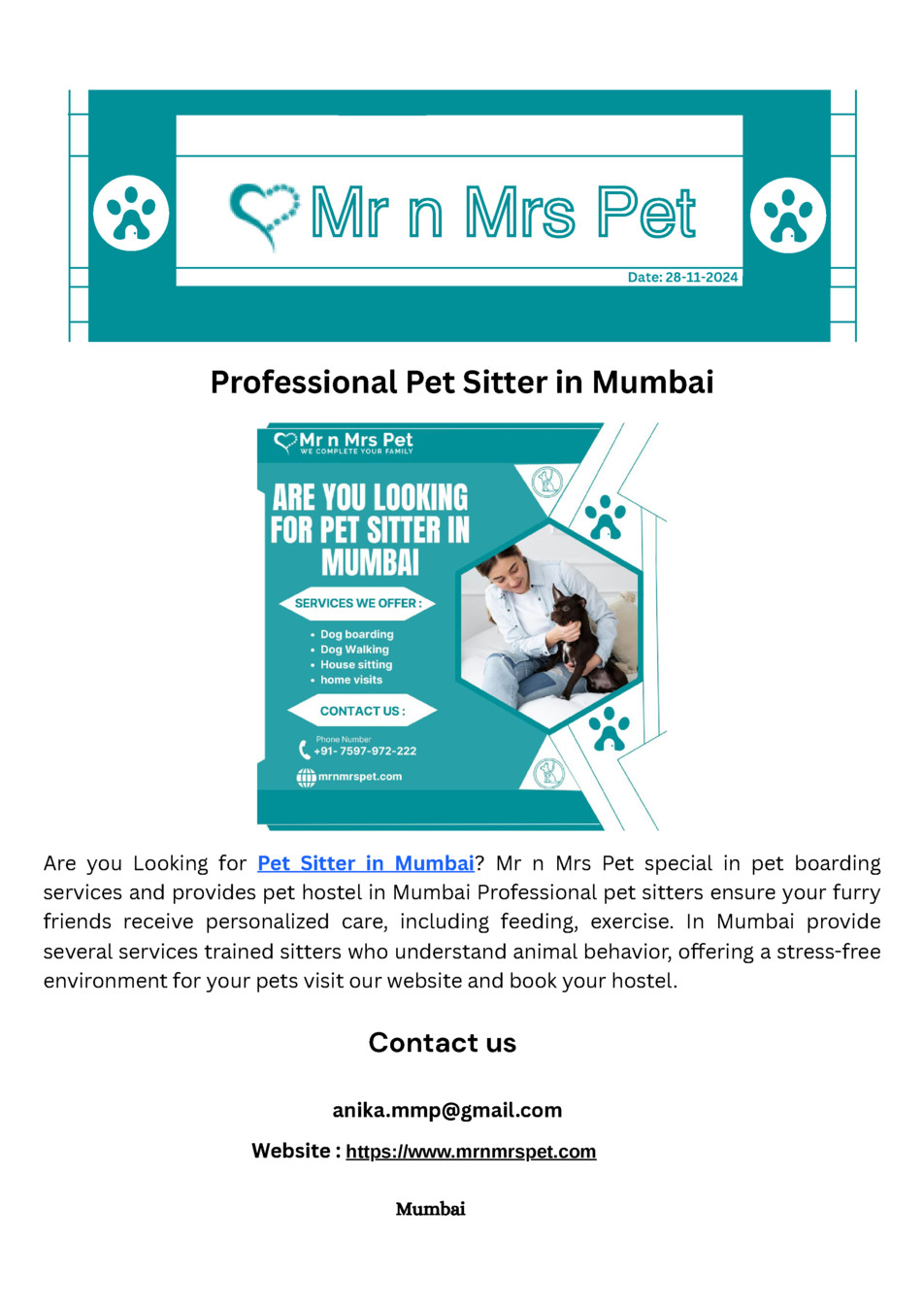 Professional Pet Sitter in Mumbai