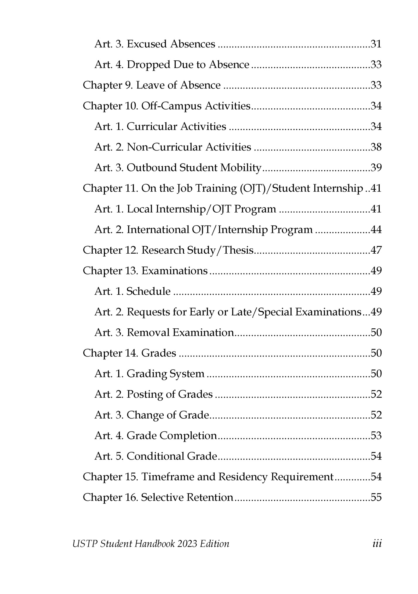 Art. 3. Excused Absences .......................................................31