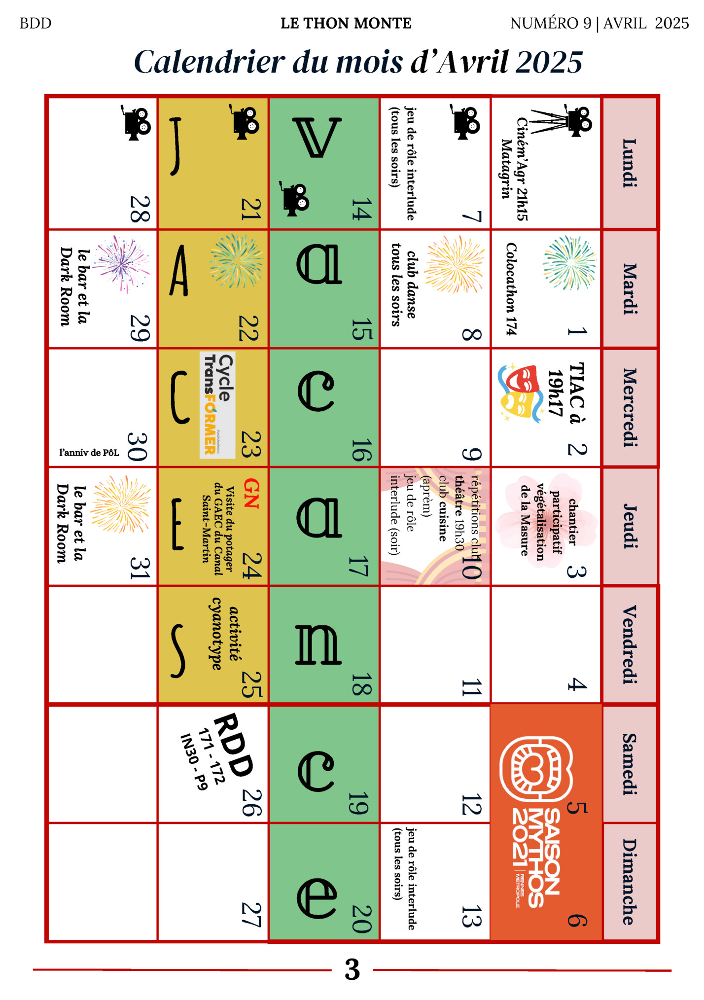 Calendrier du mois d’Avril 2025