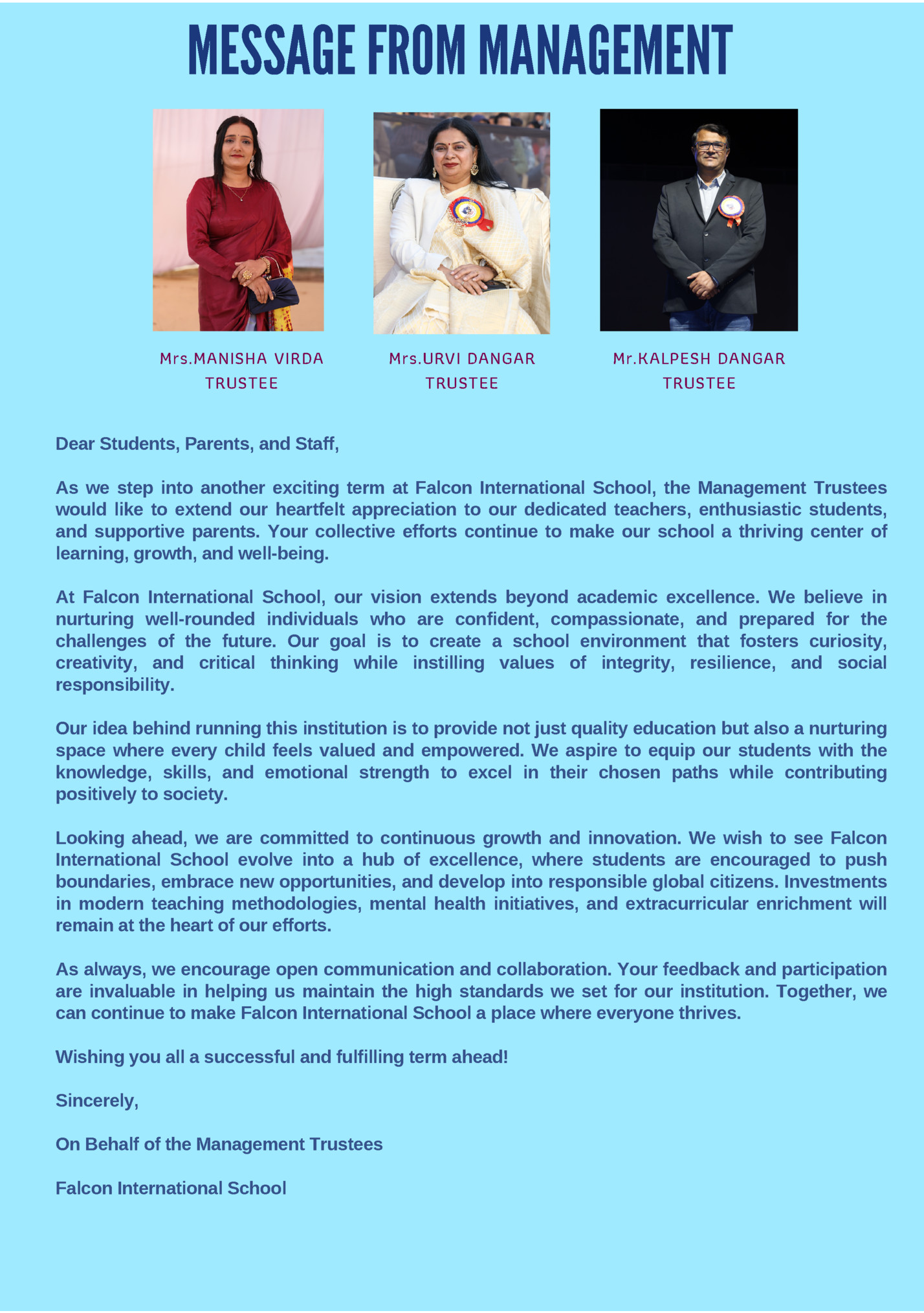 MESSAGE FROM MANAGEMENT