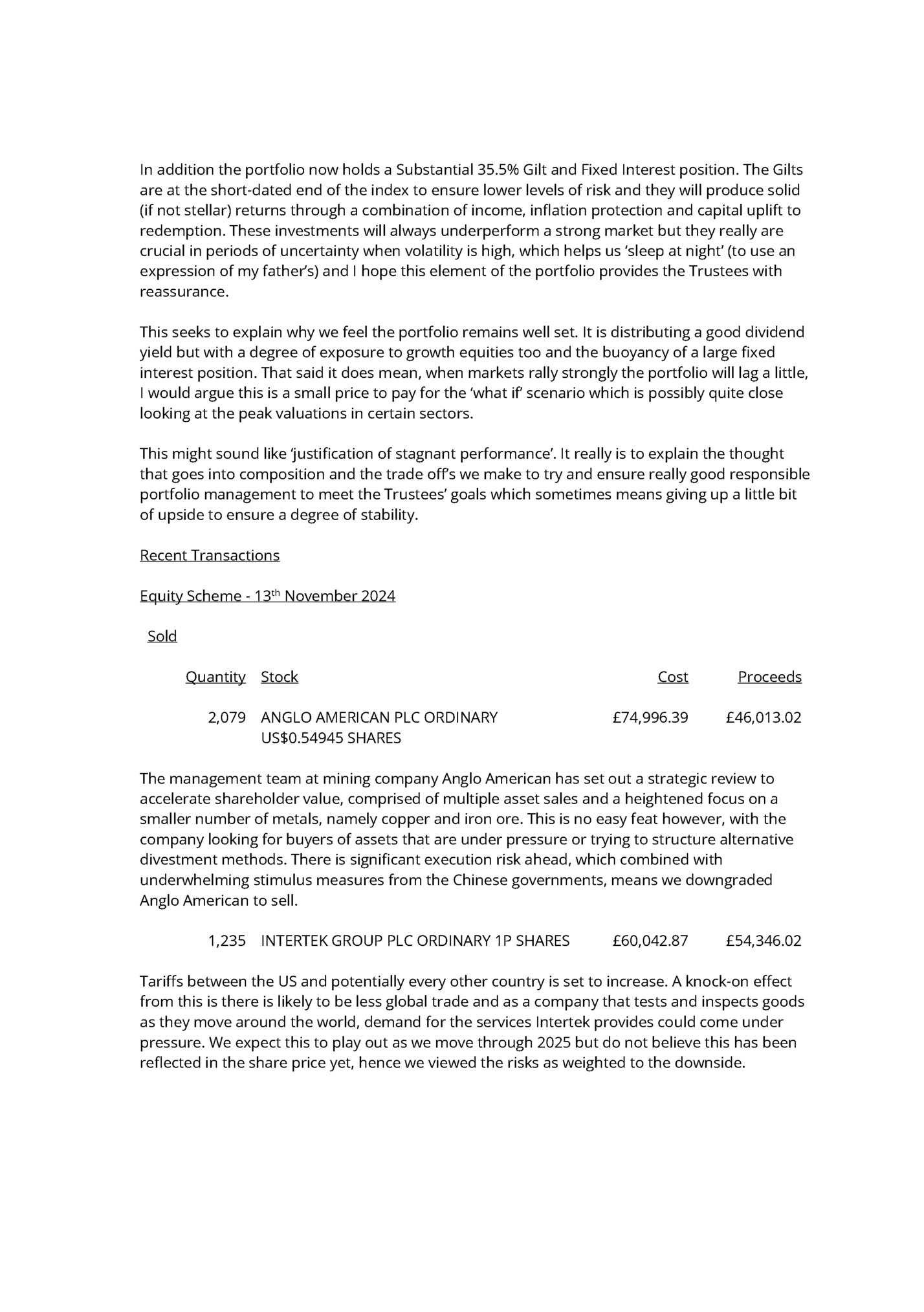 In addition the portfolio now holds a Substantial 35.5% Gilt and Fixed Interest position. The Gilts