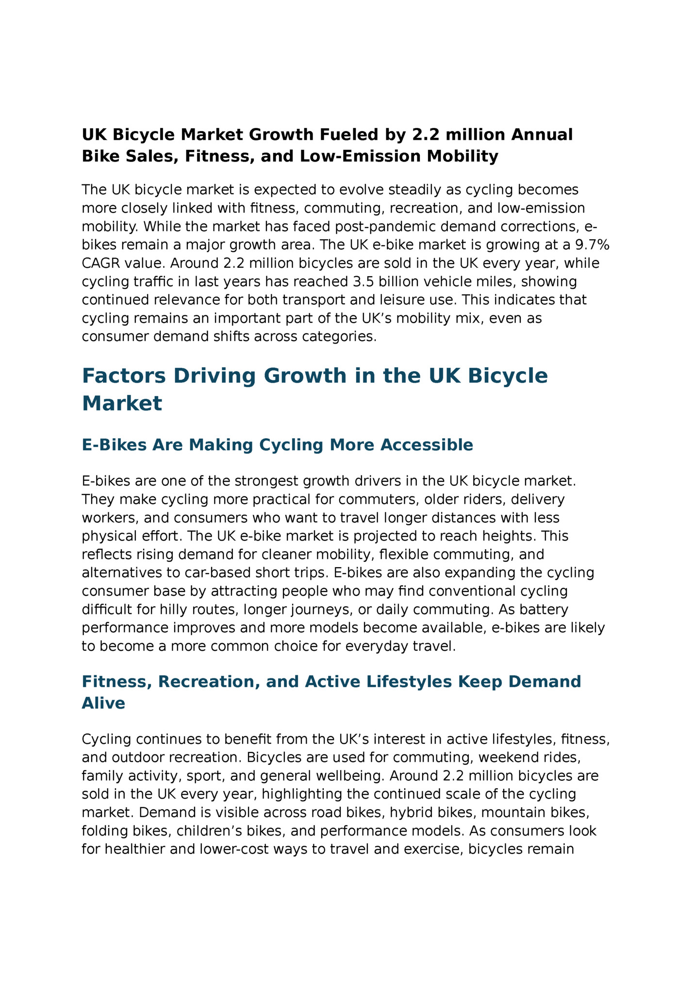 UK Bicycle Market Growth Fueled by 2.2 million Annual
