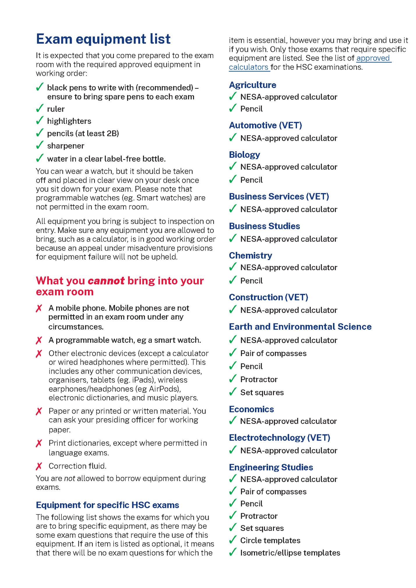 Exam equipment list