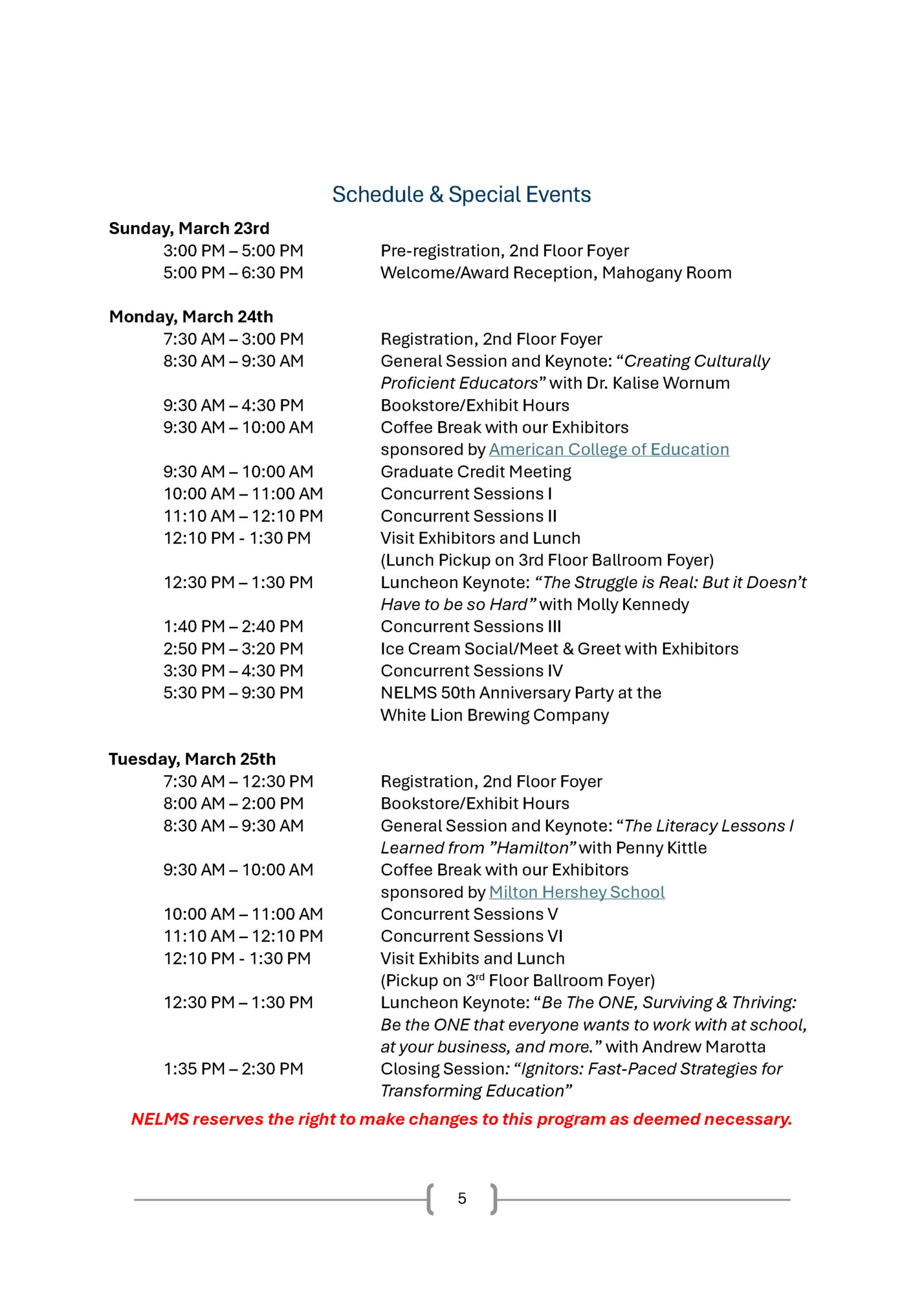 Schedule & Special Events