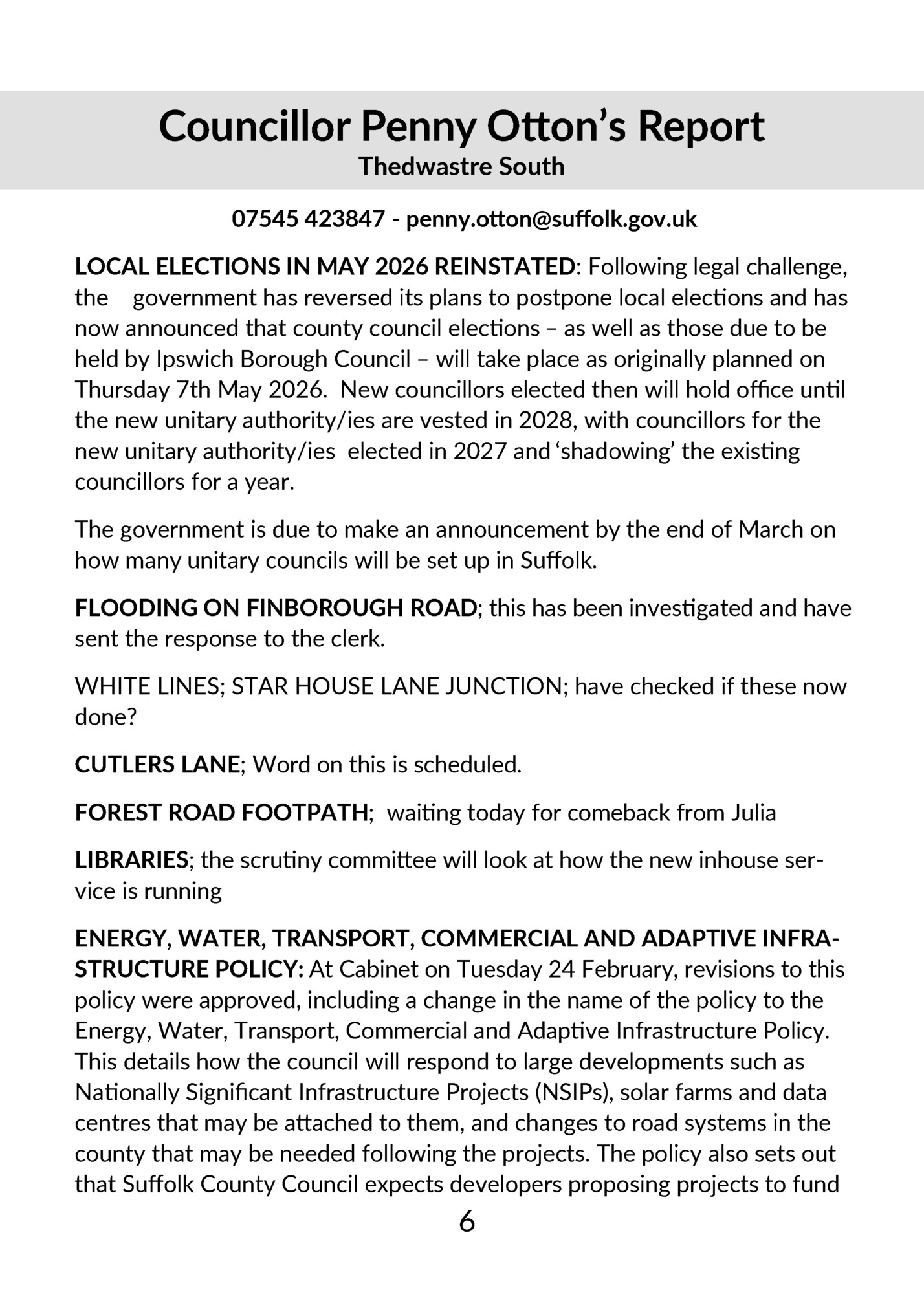 Councillor Penny Otton’s Report