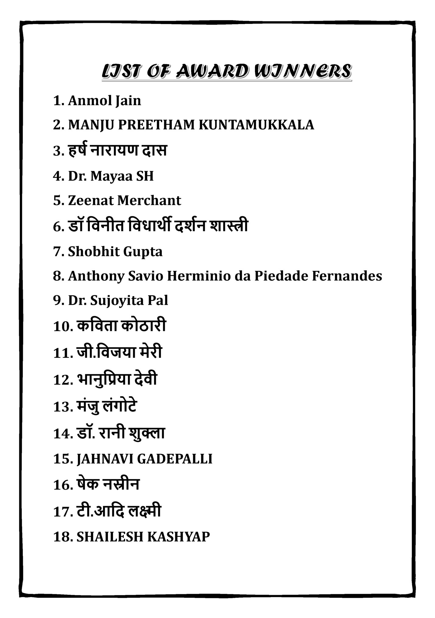 LIST OF AWARD WINNERS