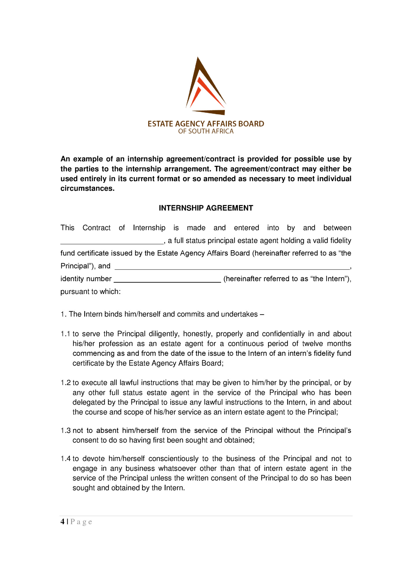 An example of an internship agreement/contract is provided for possible use by