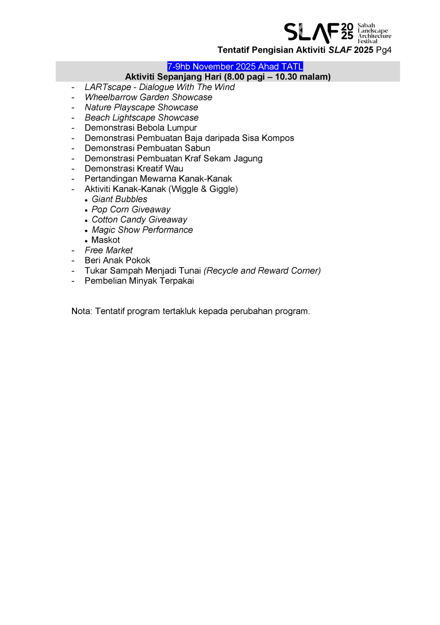 Tentatif Pengisian Aktiviti SLAF 2025 Pg4 Tentatif Pengisian Aktiviti SLAF 2025 Pg4