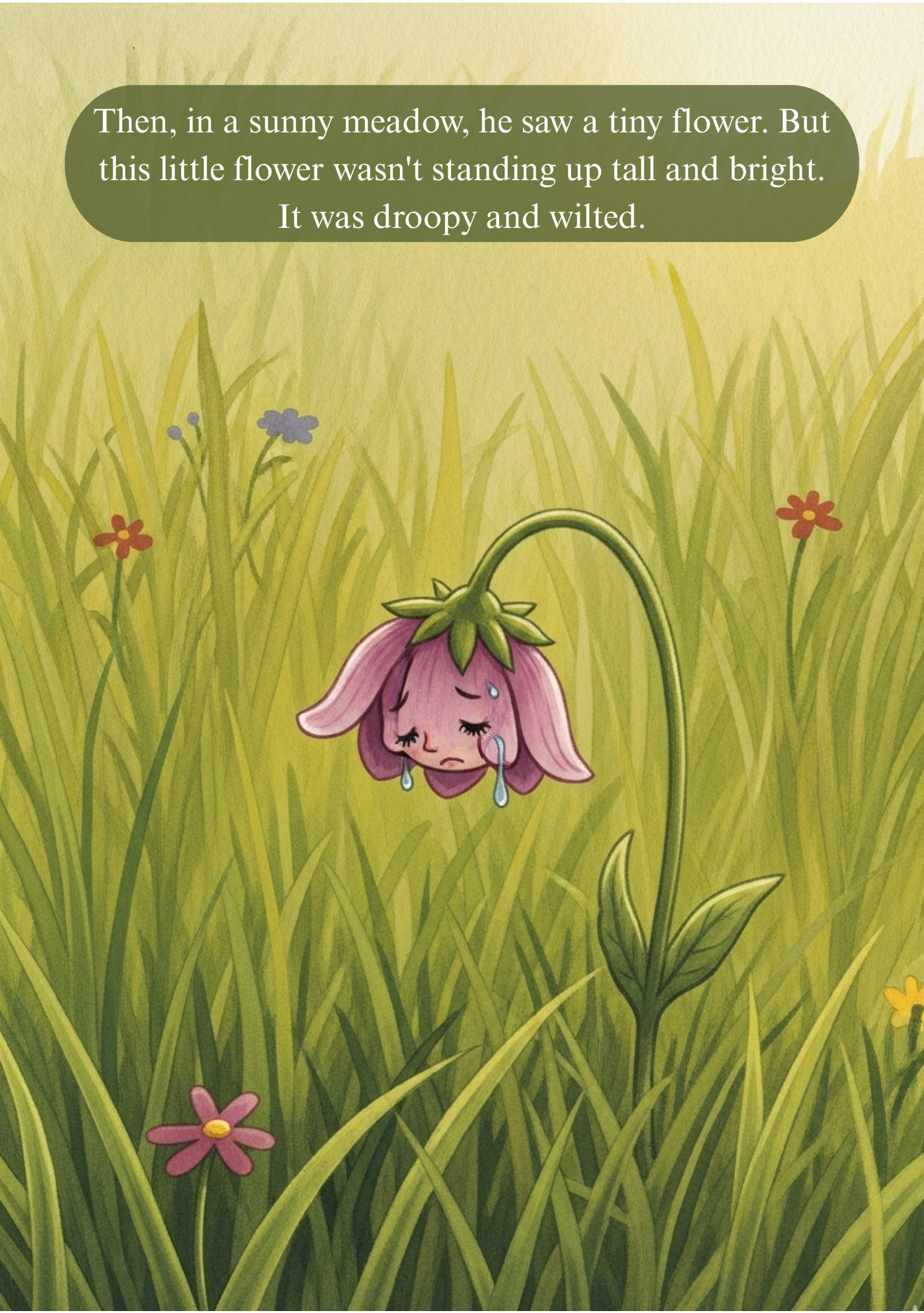 Then, in a sunny meadow, he saw a tiny flower. But