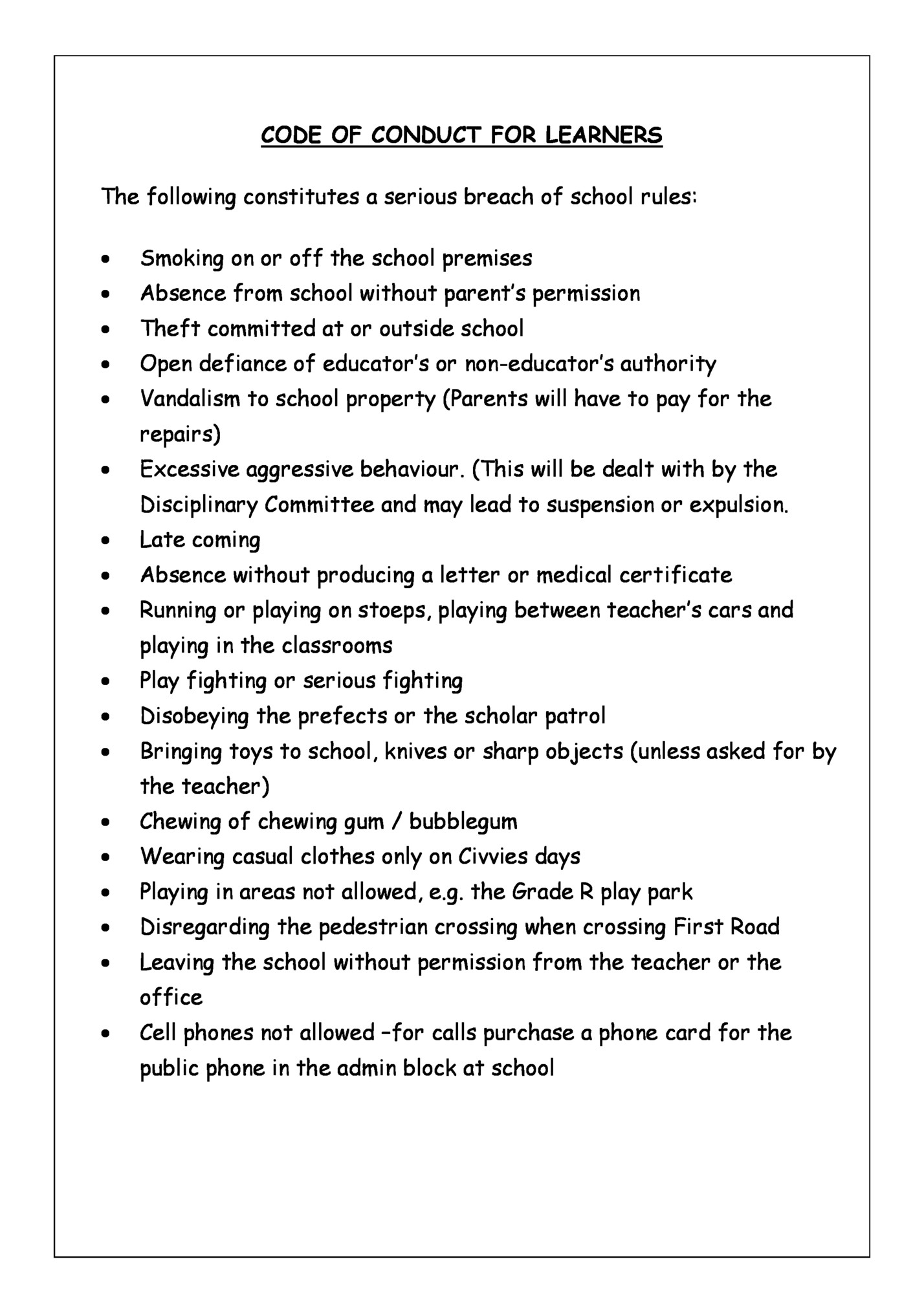 CODE OF CONDUCT FOR LEARNERS