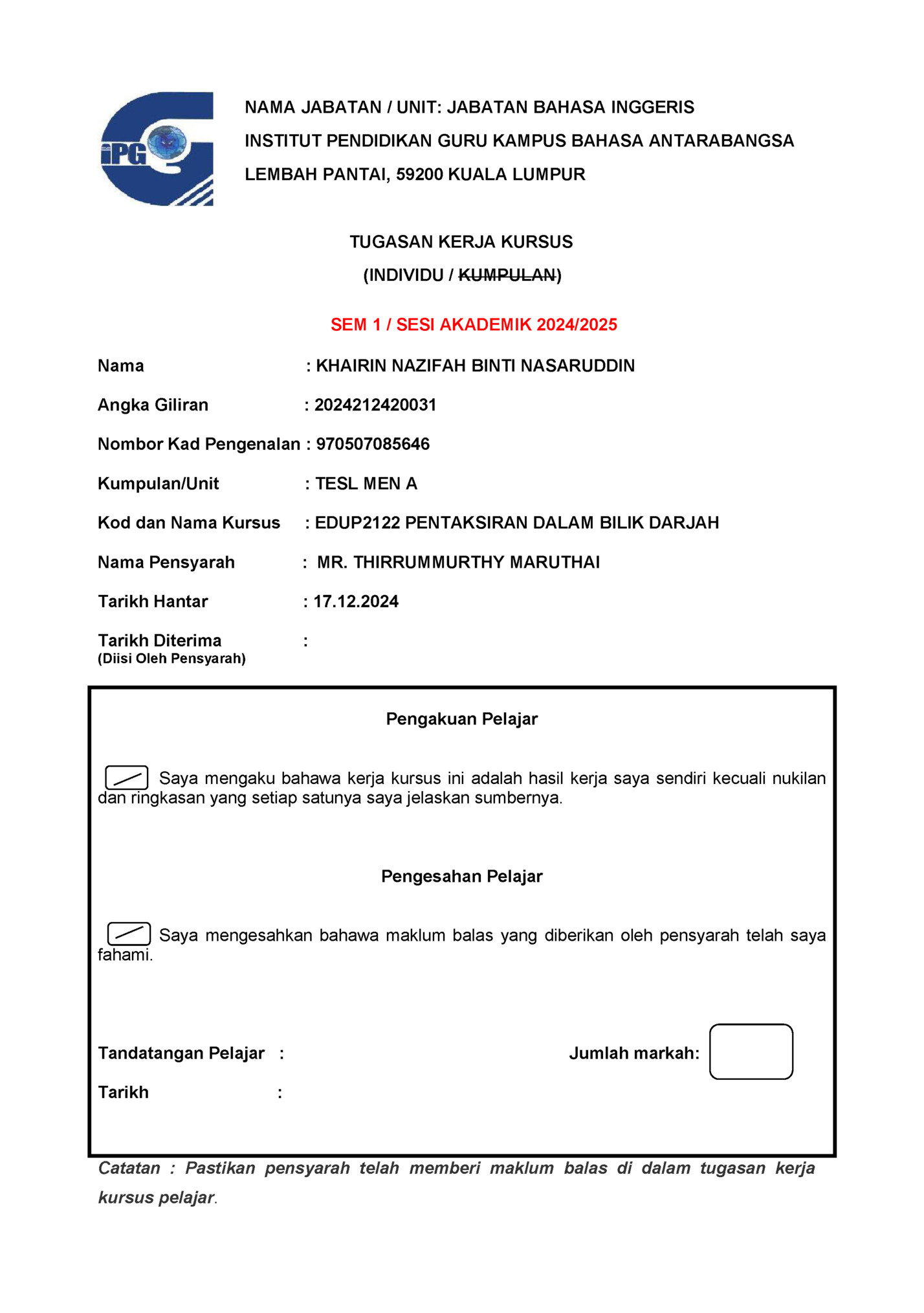 NAMA JABATAN / UNIT: JABATAN BAHASA INGGERIS