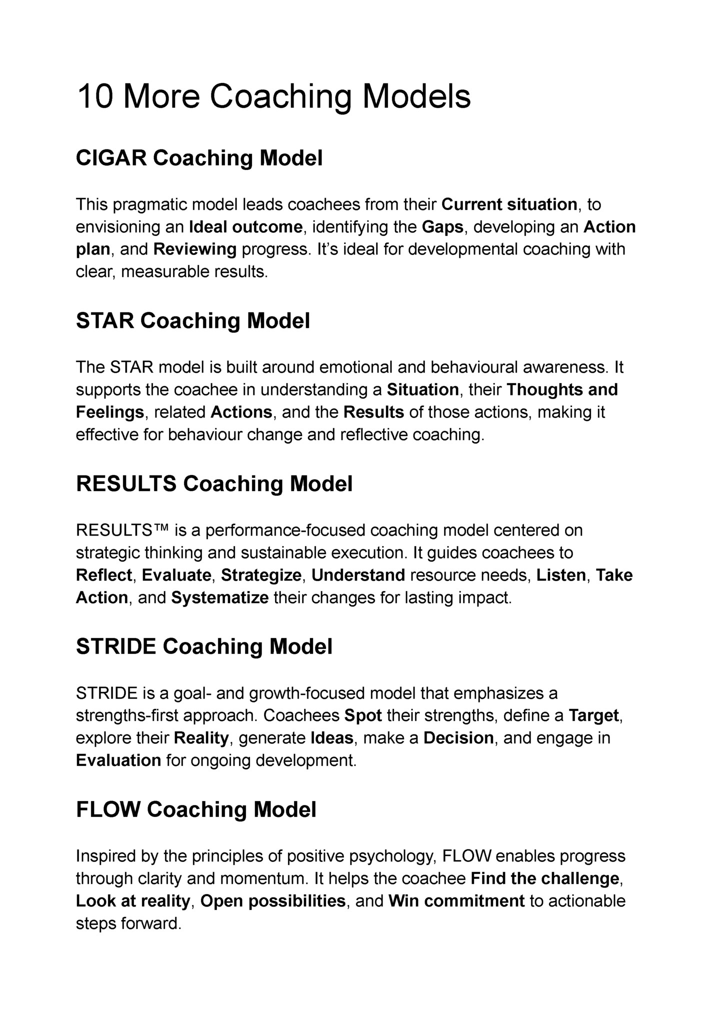 10 More Coaching Models 10 More Coaching Models