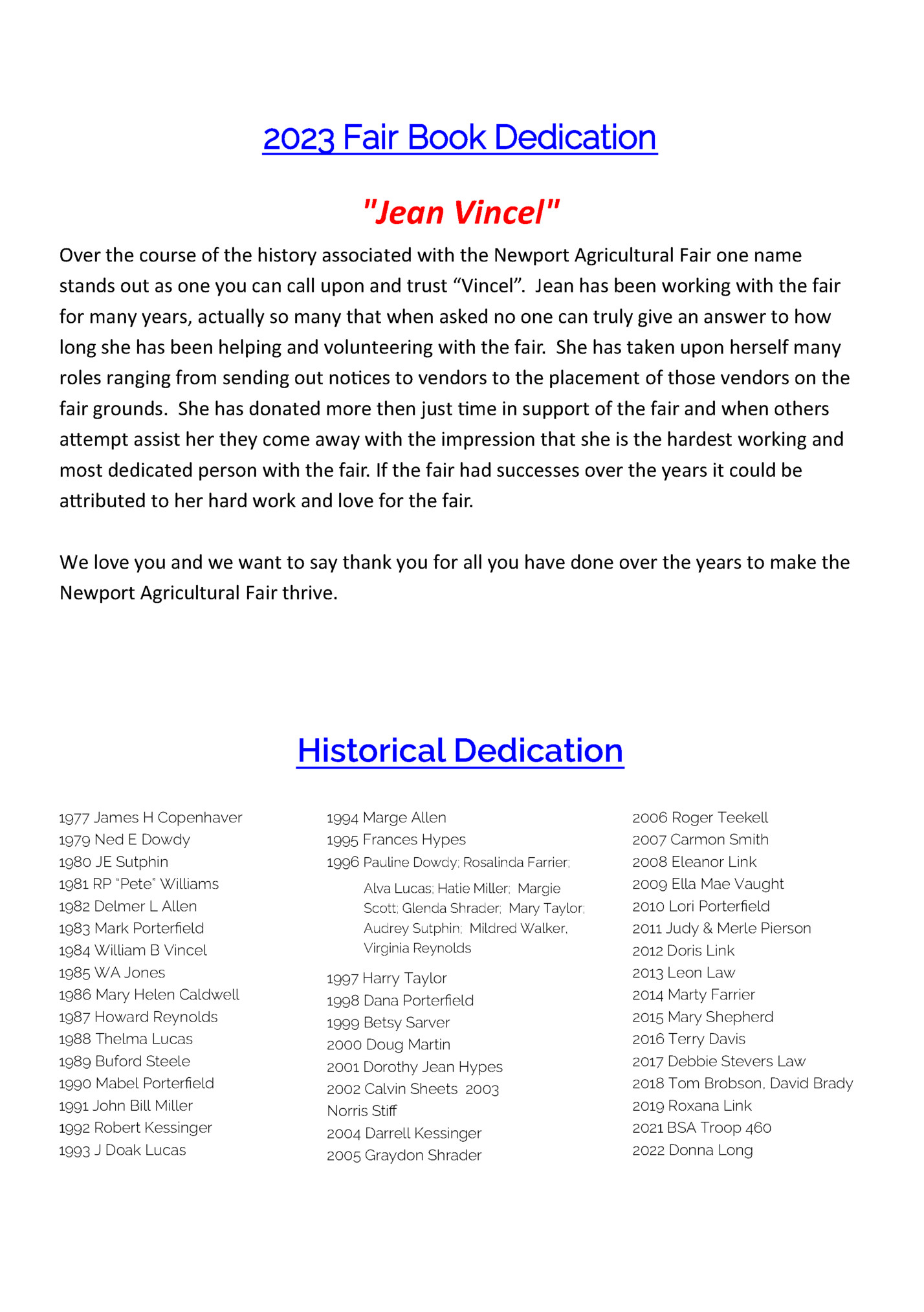 2023 Fair Book Dedication