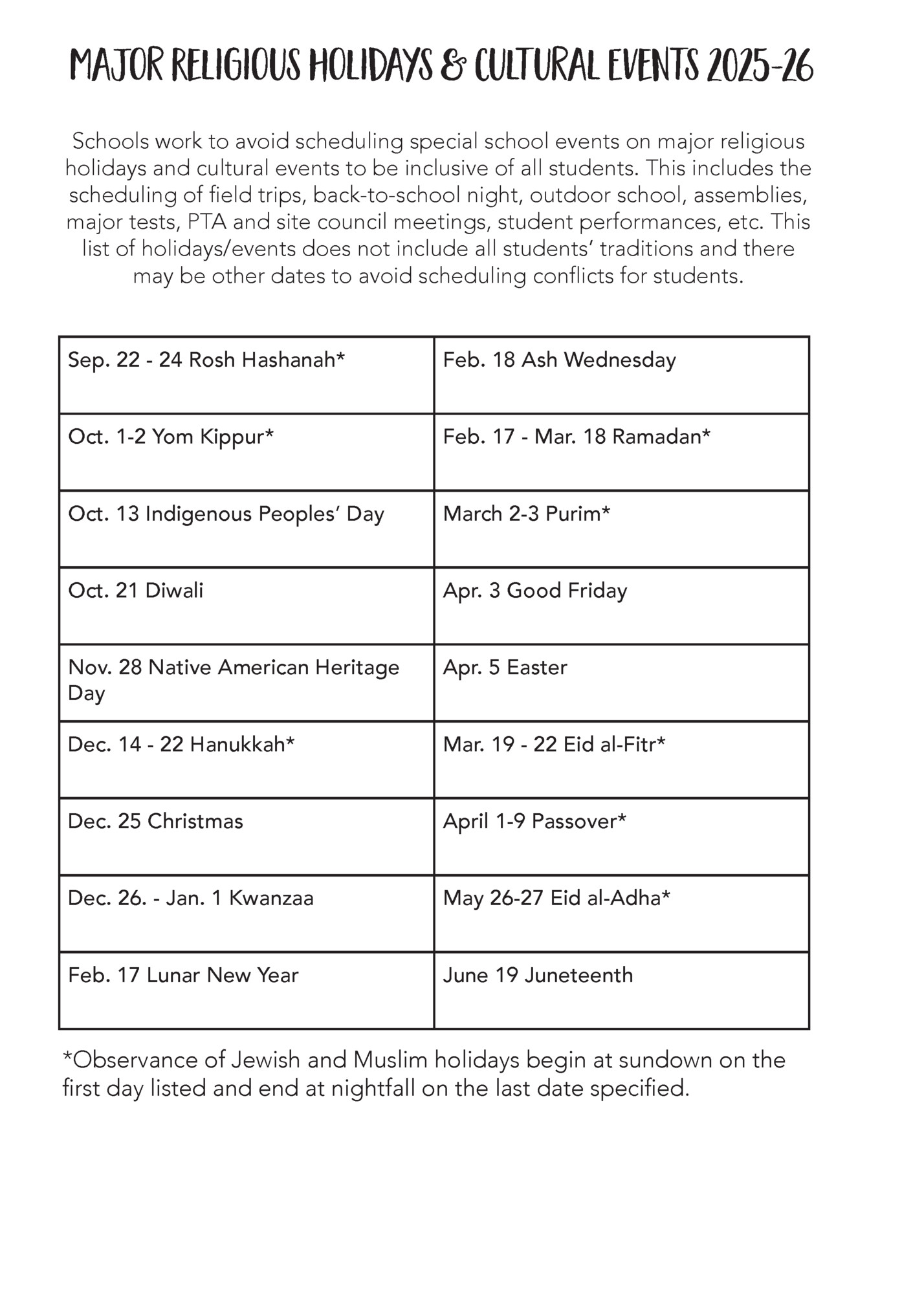 Major Religious Holidays & Cultural Events 2025-26