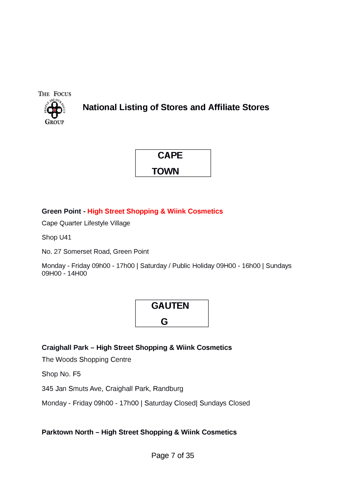 National Listing of Stores and Affiliate Stores