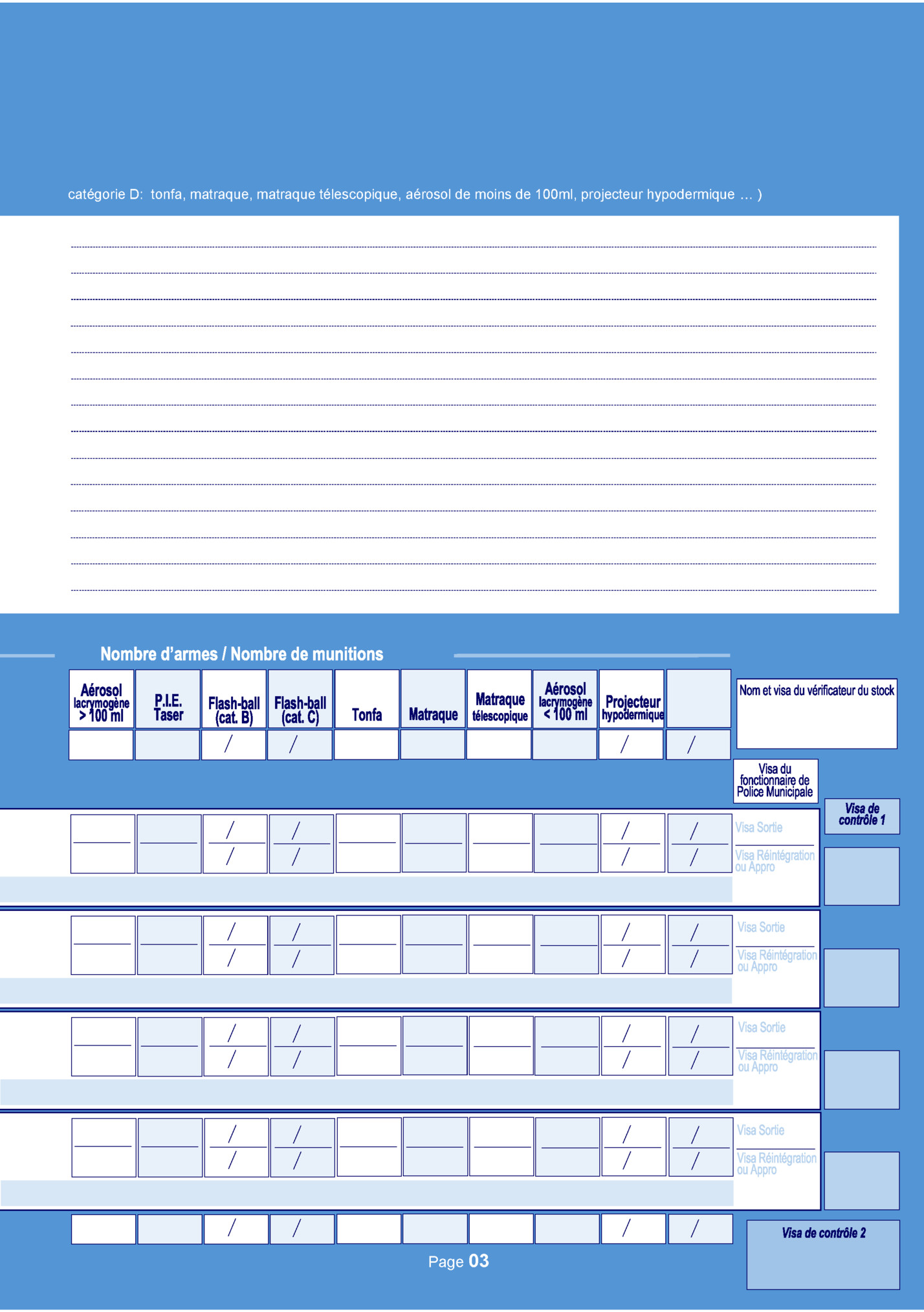 catégorie D: tonfa, matraque, matraque télescopique, aérosol de moins de 100ml, projecteur hypodermique … ) catégorie D: tonfa, matraque, matraque télescopique, aérosol de moins de 100ml, projecteur hypodermique … )