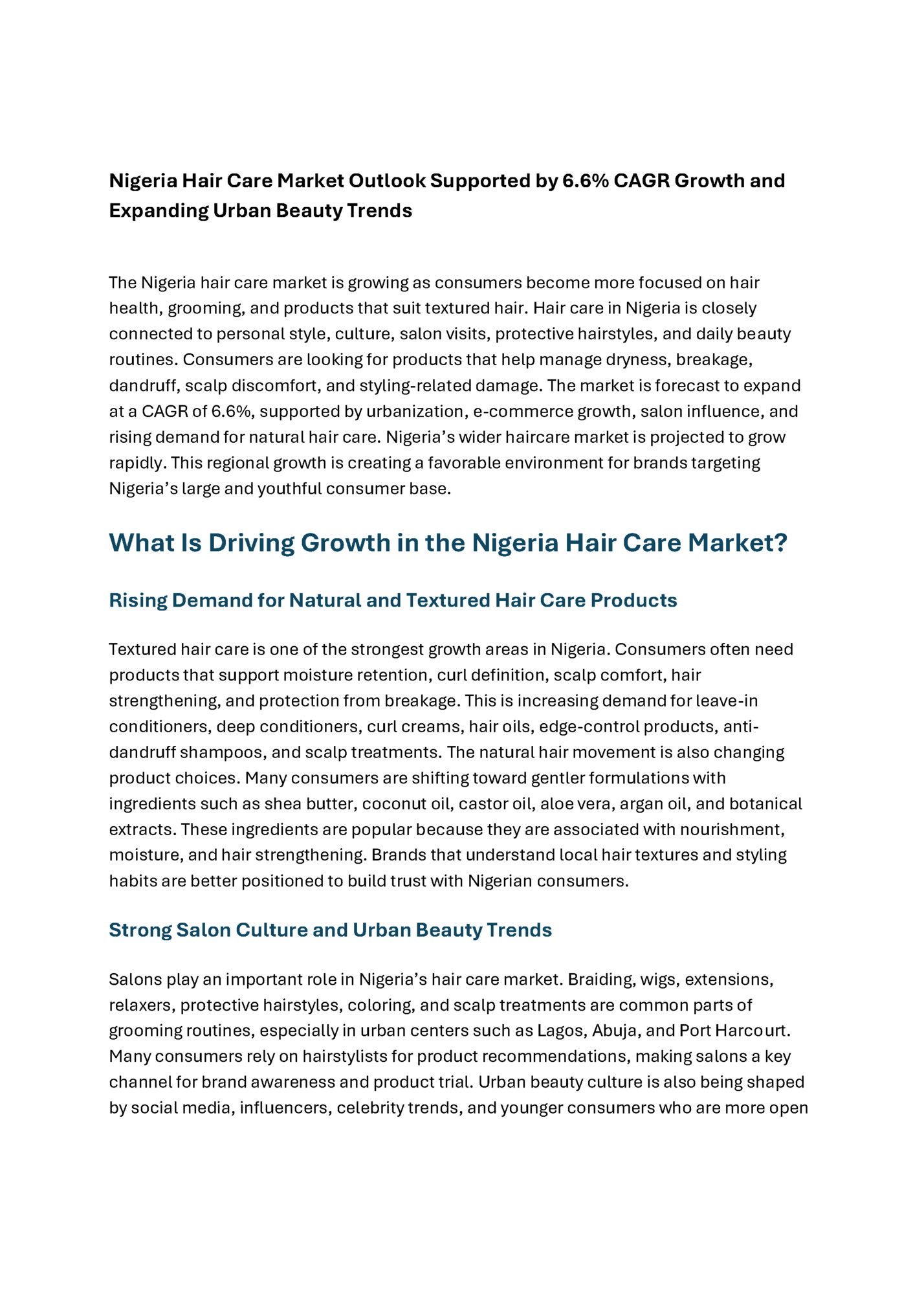 Nigeria Hair Care Market Outlook Supported by 6.6% CAGR Growth and