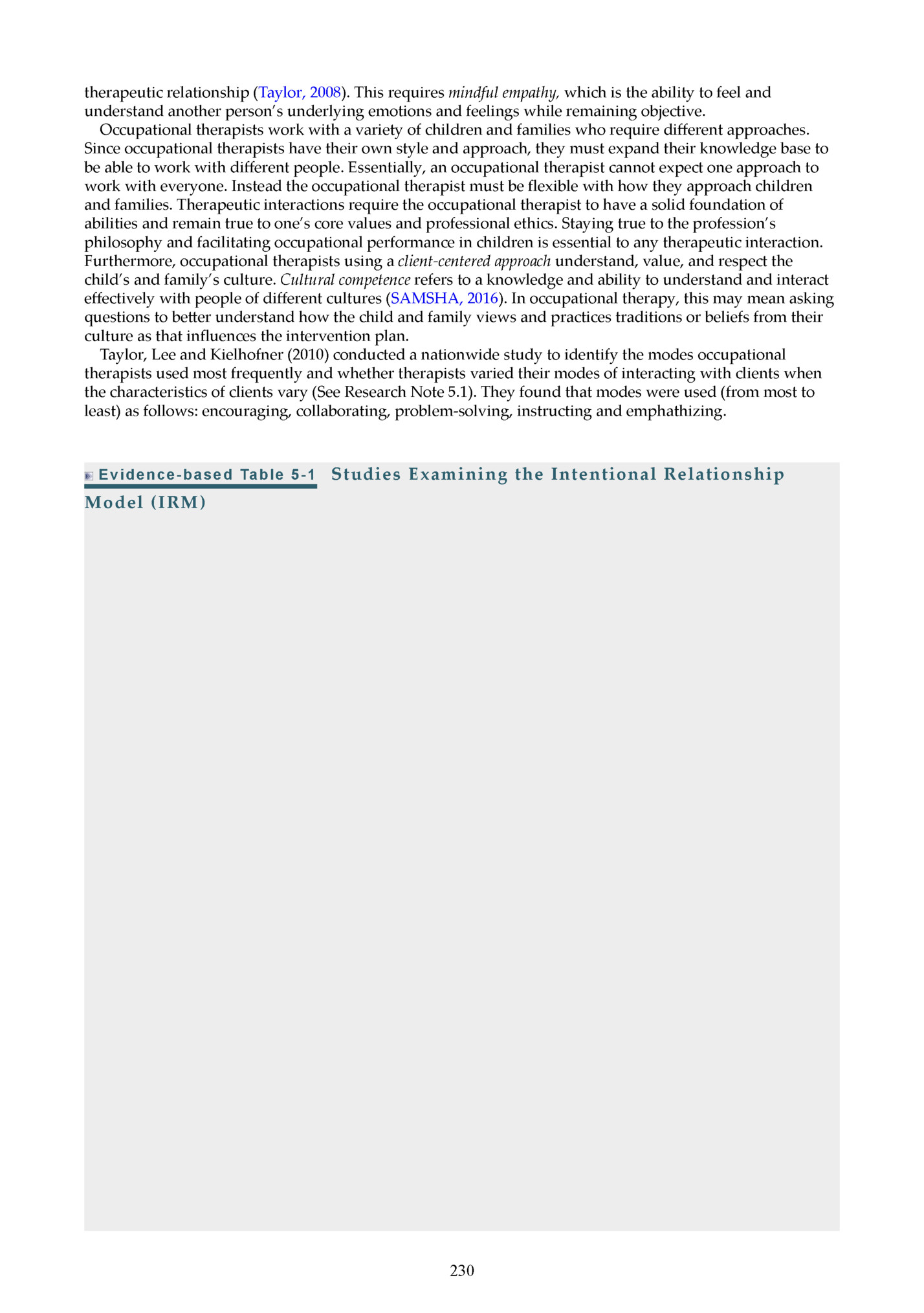 therapeutic relationship (Taylor, 2008). This requires mindful empathy, which is the ability to feel and