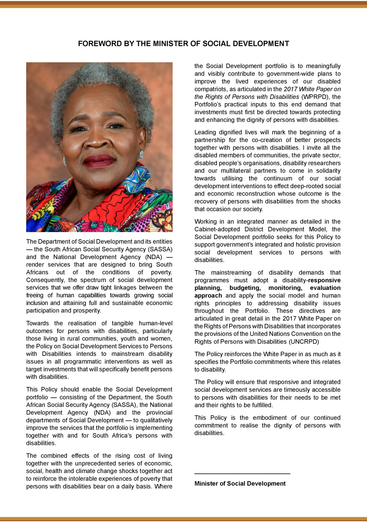 FOREWORD BY THE MINISTER OF SOCIAL DEVELOPMENT