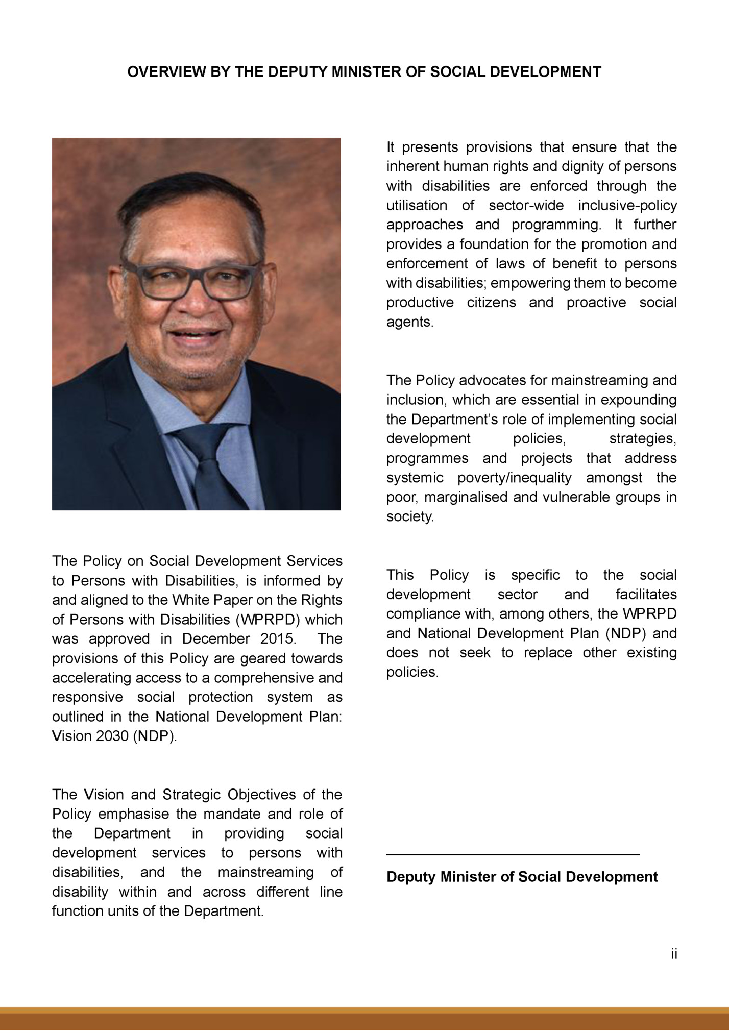 OVERVIEW BY THE DEPUTY MINISTER OF SOCIAL DEVELOPMENT