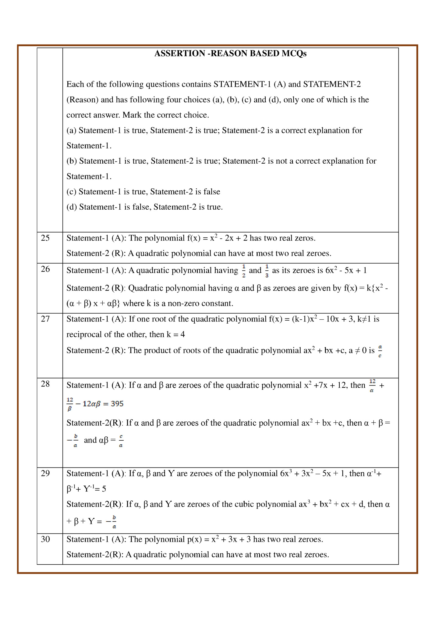 ASSERTION -REASON BASED MCQs