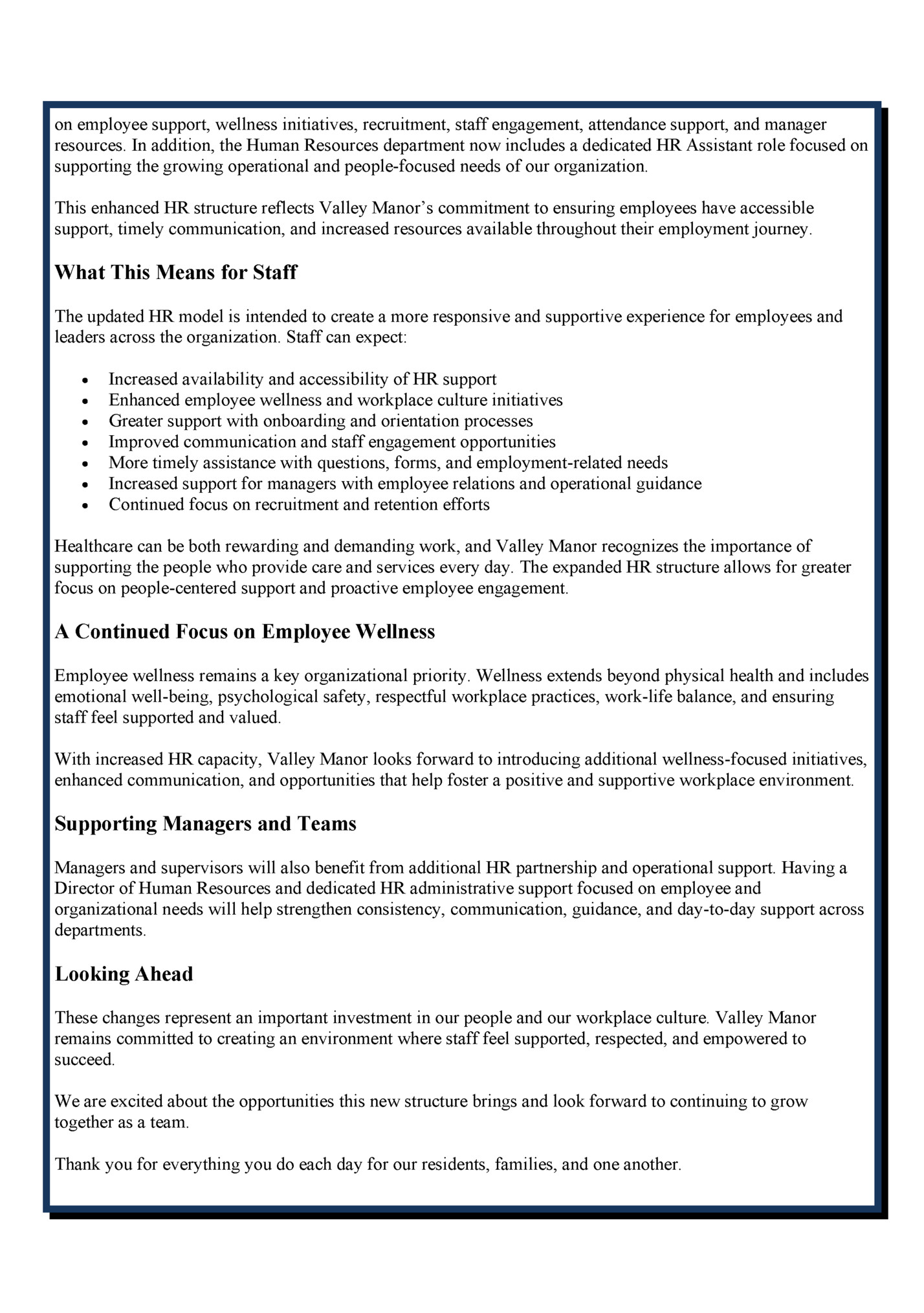 on employee support, wellness initiatives, recruitment, staff engagement, attendance support, and manager