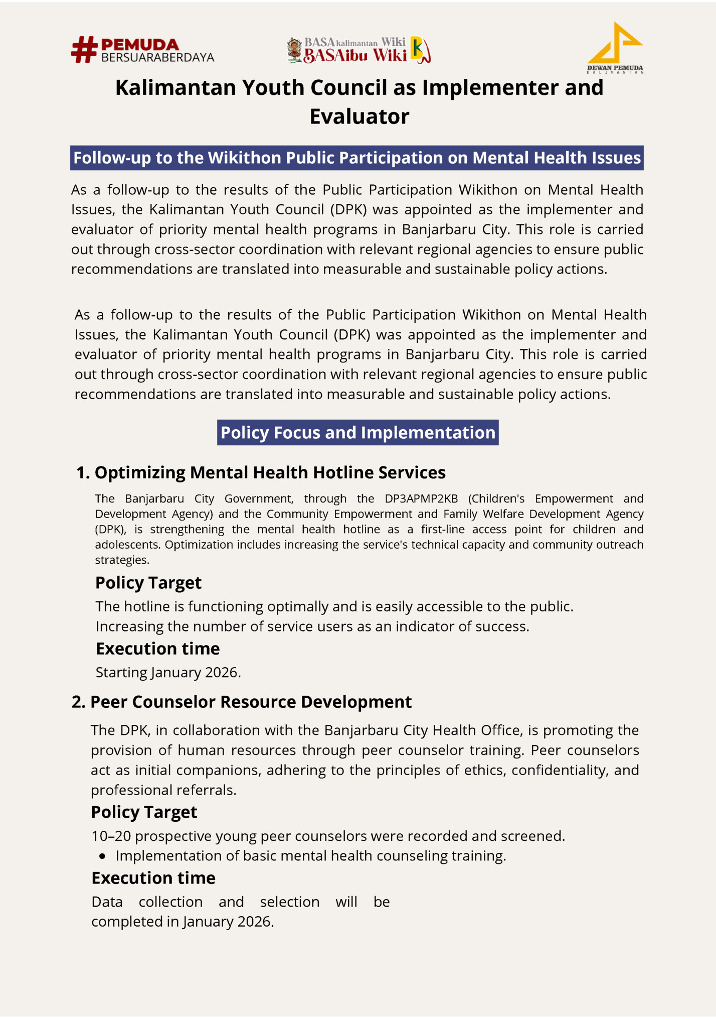 Kalimantan Youth Council as Implementer and Kalimantan Youth Council as Implementer and