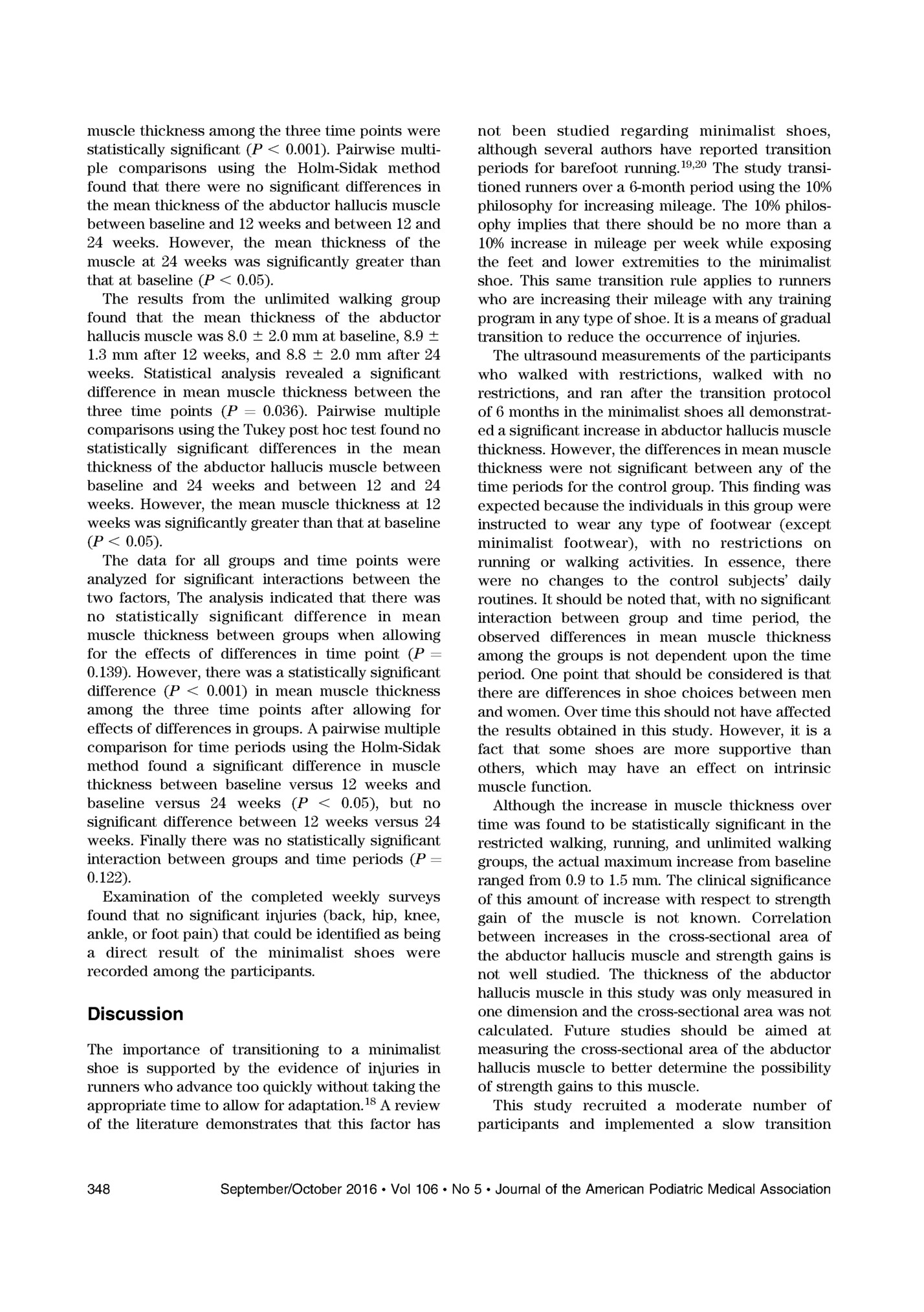 muscle thickness among the three time points were